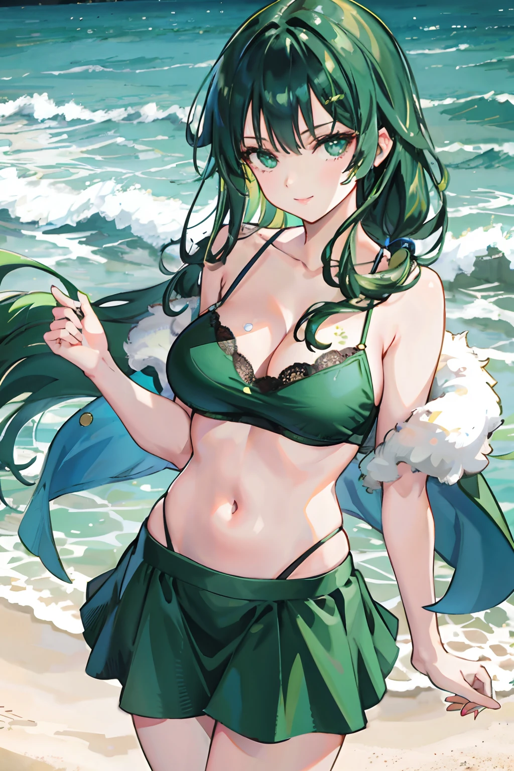 "one-girl，masterpiece level work，Best Picture Quality，Facing the camera，cleavage，ssmile，green skirt，Raised sexy，look straight at the camera，long whitr hair，perfect bodies，beachside，Green hair，Off-the-shoulder attire。Large breasts