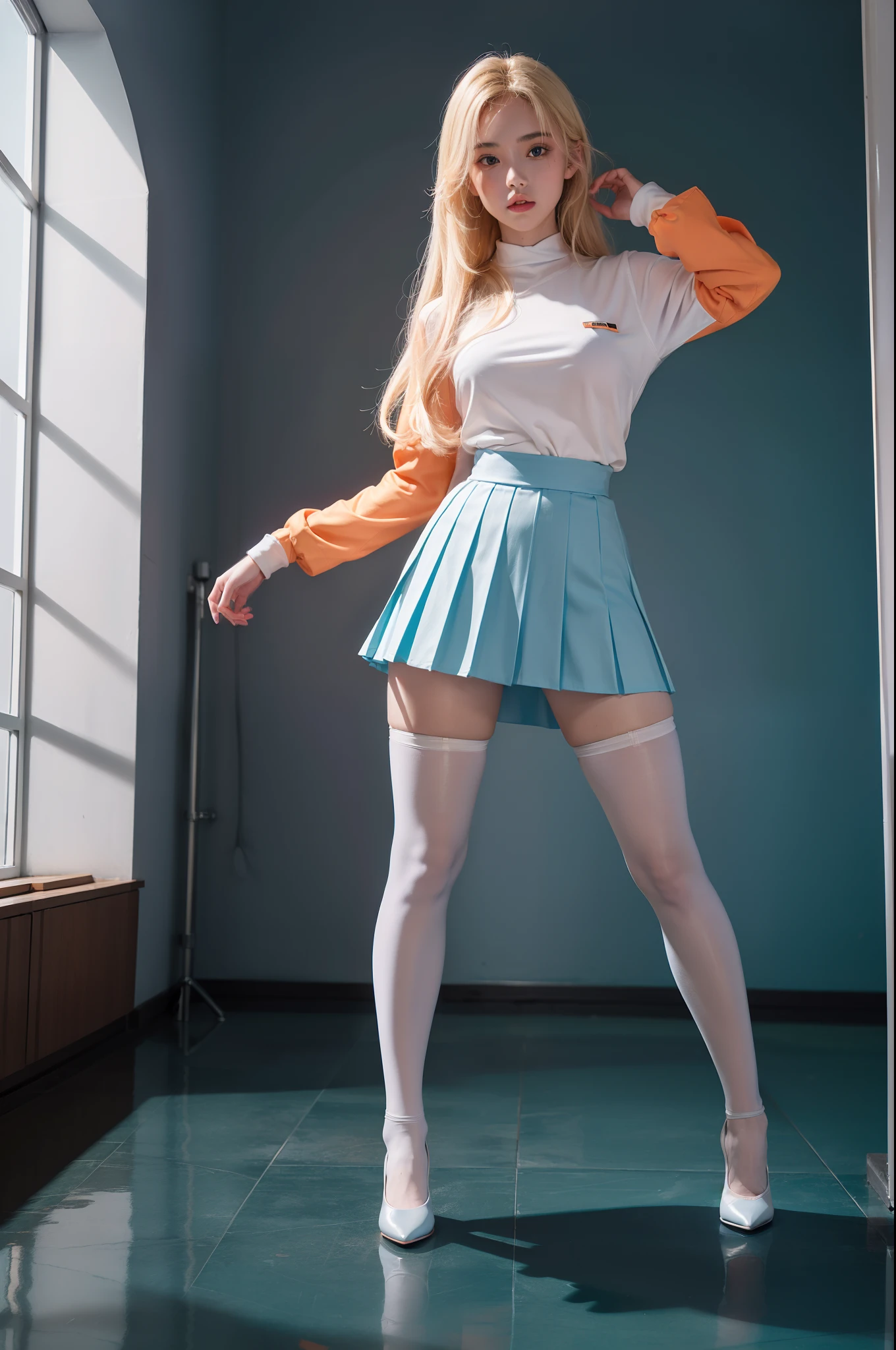 (full body:2),(1girl:1.3),(view the viewer:1.4),(anatomy correct:1.4),(pantyhose and pointed thick heels :1.3),(Dancing in the living room:1.2),(school style High waisted pleated skirt:1.3),(Extra Long blonde Hair:1.2),(Accurate and perfect face:1.3),(Long legs and big feet:1.3),((((Polished clothing))):1.2),(((Skin reflection , Skin Gloss)):1.2),((purplish color | blue colors | in pink | greys |white colors |black in color | orange colors | green color | cyan colors | golden colors | khaki | Salmon colors):1.1),hyper HD, Ray traching, reflective light, structurally correct, Award-Awarded, high detail, lighten shade contrast, Face lighting ,cinematic lighting, masterpiece, super detailing, high quality, high detail, best quality, 16k,High contrast,