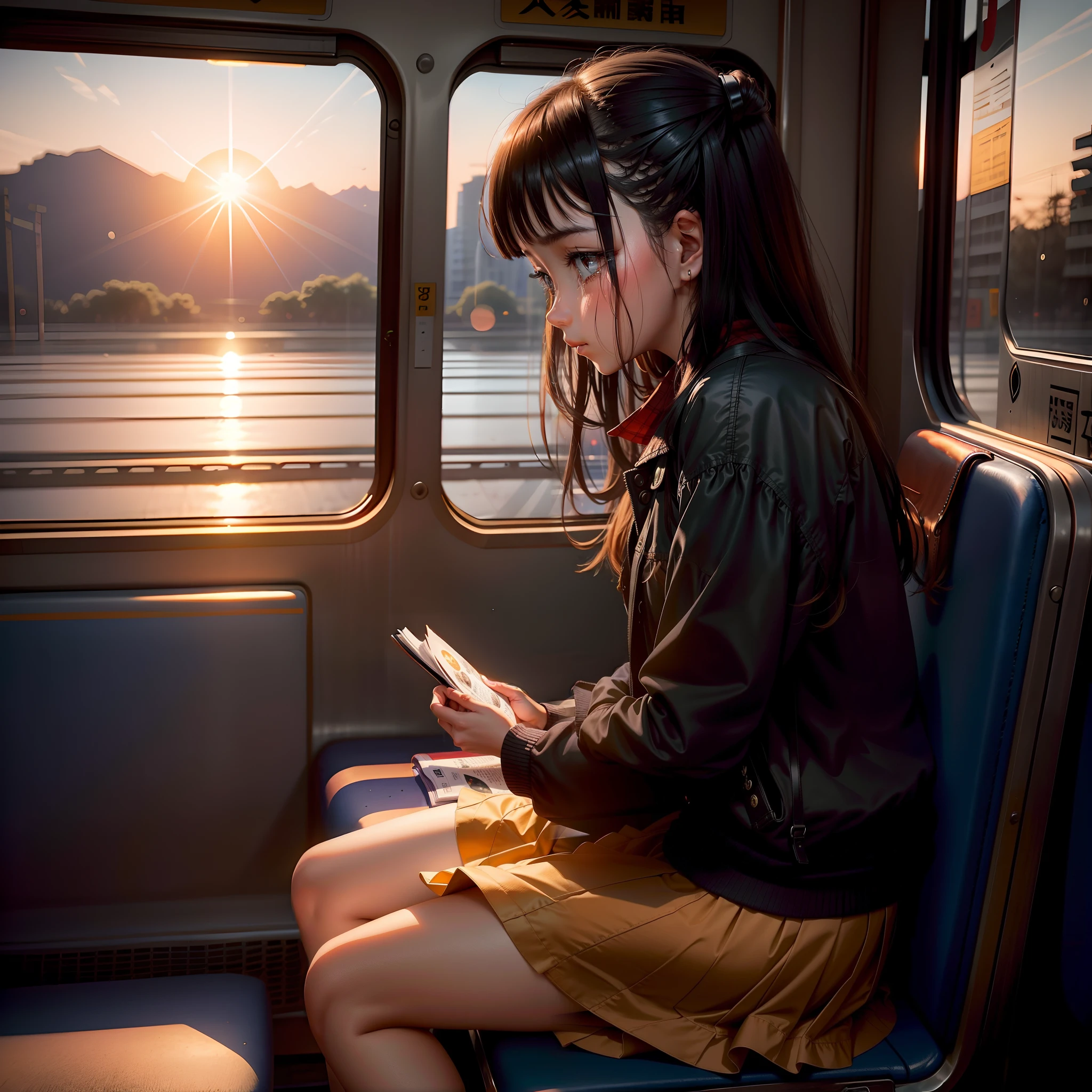 setting sun,There was a girl sitting in the seat of the train,One leg rests on the seat,Dressed in black,a skirt,The girl looked at the setting sun,Tears flowed from the girl's eyes,Only the side face of the girl can be seen