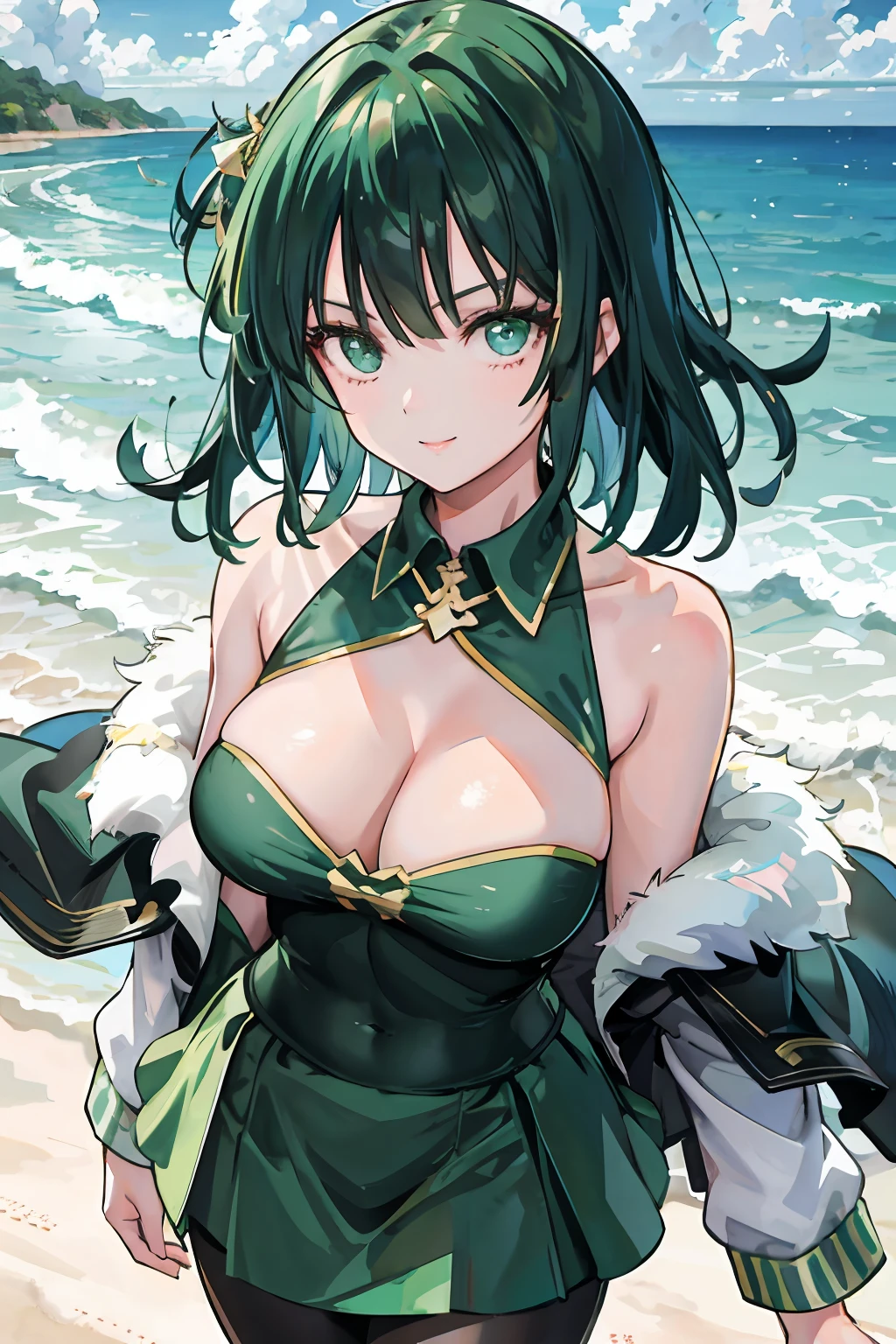 "one-girl，masterpiece level work，Best Picture Quality，Facing the camera，cleavage，ssmile，green skirt，Raised sexy，look straight at the camera，long whitr hair，perfect bodies，beachside，Green hair，Off-the-shoulder attire。Large breasts