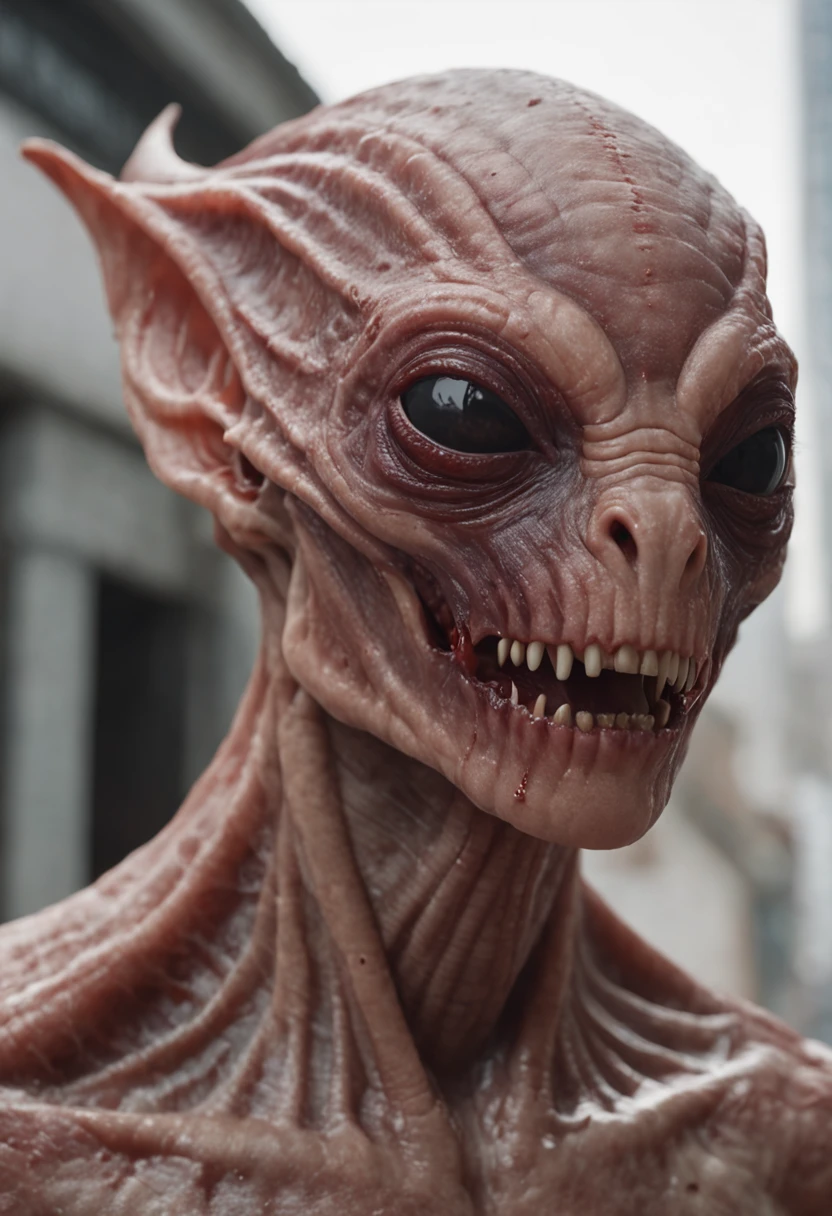Cinematic texture，Invading aliens，cow head，uncanny， tentaculata，Blood，Beauty on the run，combats，The city was destroyed，of a real，Facial features are carefully depicted，Realistic skin texture，Dark style，depth of fields，high light，Real light，Ray traching，oc rendered，Hyper-realistic，best qualtiy，8K，Works of masters，super-fine，Detailed pubic hair，Correct anatomy，sharp focus on eyes，Bokeh，Facial features are carefully depicted
