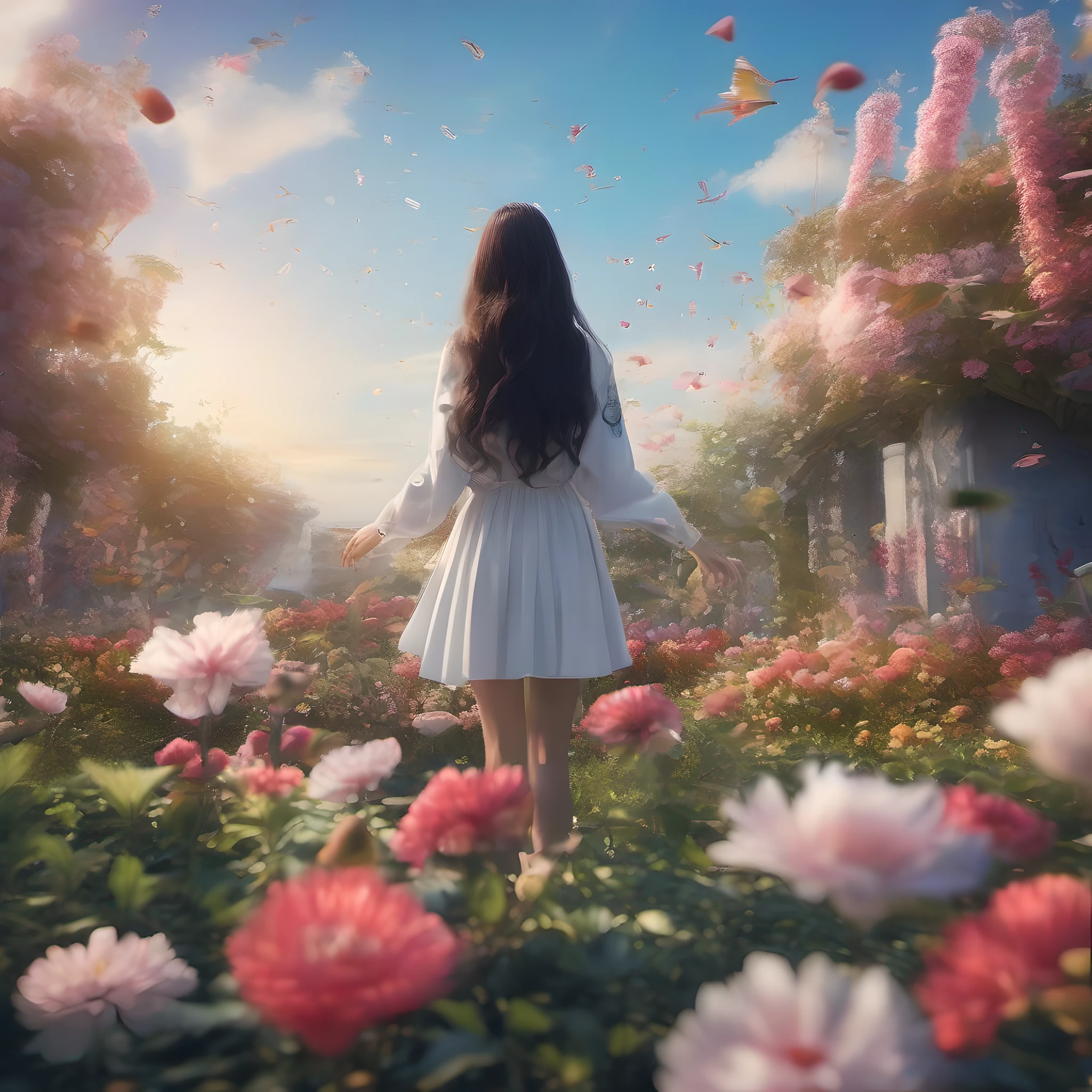 ccurate, best quality, masterpiece, UHD, high details, award winning, (Amazing:2.0), (Surrealism), Conceptual art, Verism, cinematic lighting, floating island in the sky, (((beautiful flower garden))), Horizon, blue sky, paradise scenery, flowers, wind flow, (((fantasy))), frontier, (magnificent space), blurry foreground, bokeh, Hasselblad, lens flare, beautiful school girl, (r old)(((full body)))), from behind, she moving, without looking at me, (((wearing school uniform))), black eyes, black hair, (floating hair), ((8 life size)), detailed hairstyles, detailed bodyline, anatomically correct, cute face, ((accurately portray her)),