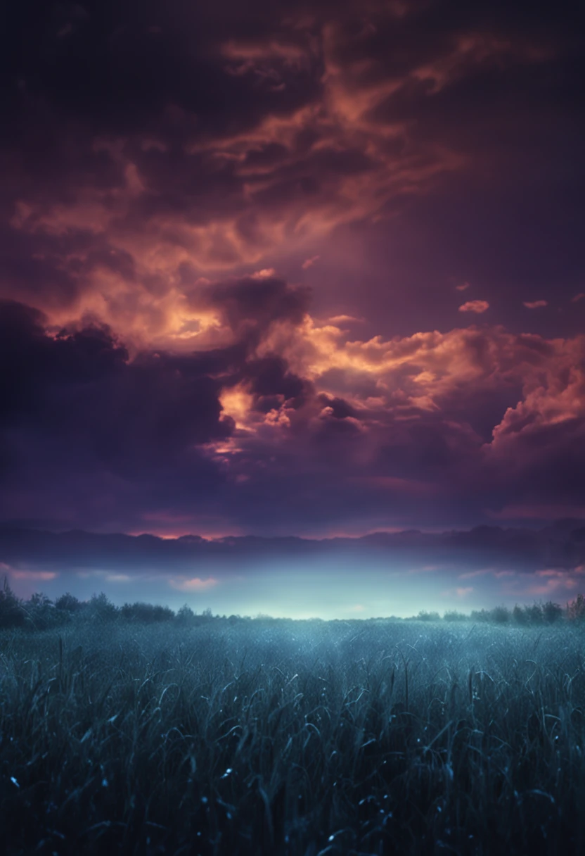 An empty field, scary blue night theme, smoke and clouds are in the sky
