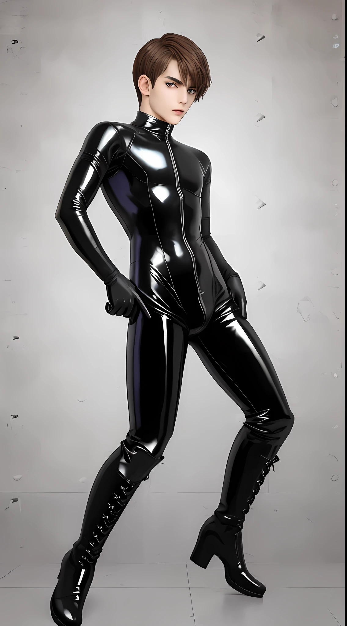 Young men，short detailed hair，Male characters show their faces，Full body latex set，One-piece latex garment，musculous，Full body photo，Sexy tights，Wear latex clothing all over，shiny latex catsuit，Over-the-knee boots，Flat boots，Technology mode，Speckled pattern