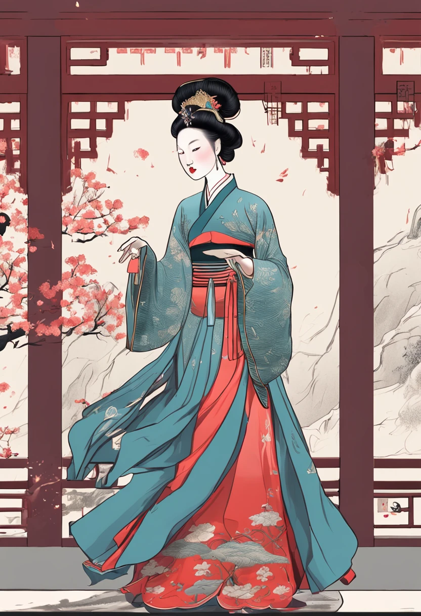 (wide angles,Ultra HD details,Masterpiece, hyper HD, Super detail, High details, Best quality, A high resolution, Award-Awarded, Award-Awarded, 8K,),(Chinese Song Dynasty beauty dancing in skirt),(anatomy correct,Korean star face,The hands and face are very delicate and clear),(Stand in the middle of a quaint courtyard,Plum tree,Chinese elements,Winter clothing,A lot of plum blossoms are falling:1.2,Snowflakes are falling:1.2,),(Chinese premium color scheme,电影灯光)