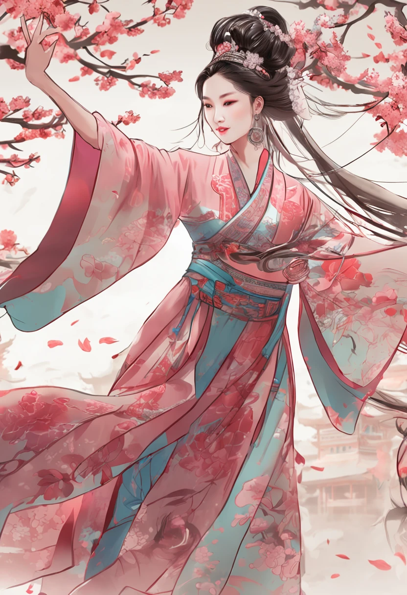 (wide angles,Ultra HD details,Masterpiece, hyper HD, Super detail, High details, Best quality, A high resolution, Award-Awarded, Award-Awarded, 8K,),(Chinese Song Dynasty beauty dancing in skirt),(anatomy correct,Korean star face,The hands and face are very delicate and clear),(Stand in the middle of a quaint courtyard,Plum tree,Chinese elements,Winter clothing,A lot of plum blossoms are falling:1.2,Snowflakes are falling:1.2,),(Chinese premium color scheme,电影灯光)