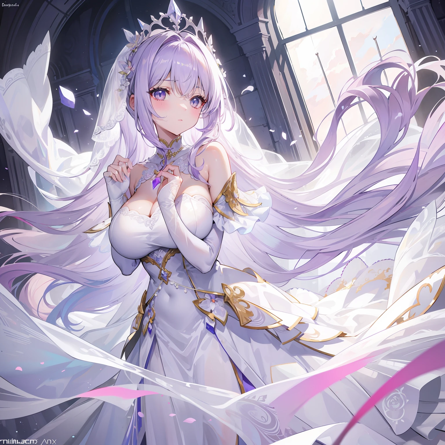 Light lilac fluffy and sparse long hair,Liquid crystal class,The wedding dress is as clear as a tassel,Very nice and beautiful young lady,Wedding dress,There is a looming hazy beauty