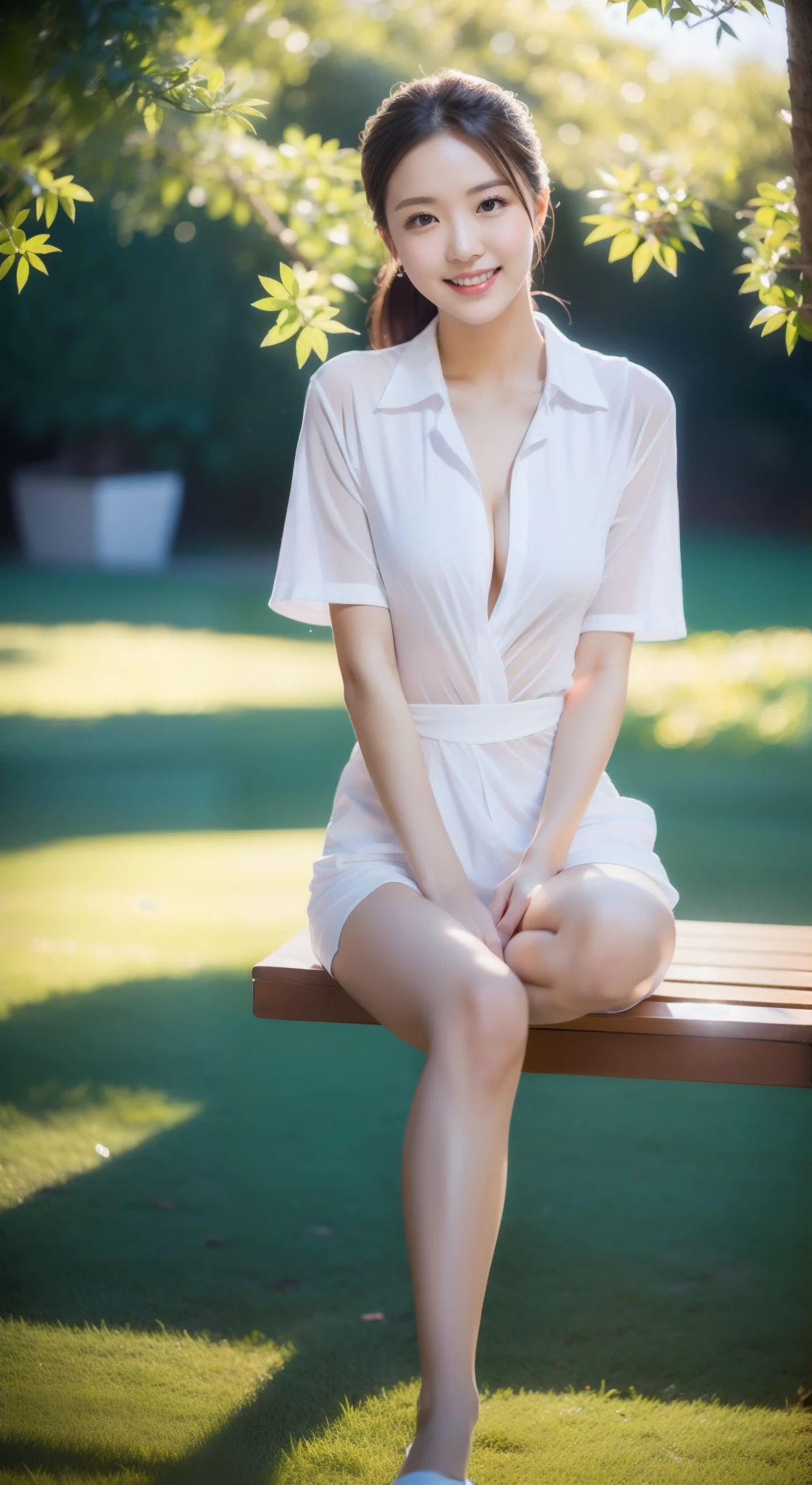1 beautiful woman taking pictures on the grass of the villa,RAW photos,tmasterpiece,(highdetailskin:1.2),8k ultra high definition,digital SLR camera,gentlesoftlighting,high high quality,filmgrain,富士XT3,20 years old Asian woman,Wear simple clothes,(White long nurse uniform:1.2 and long skinny jeans:0.7,Detailed clothing details:1.3),(Rained,The clothes are wet:1.0,There are water droplets on the skin), perfect body figure,Perfect breasts and nipple bulge,The legs are straight and slender,Branded stylish shoes:0.6,Super detailed facial details and skin,Fair pink face and skin,The skin is pink,with light glowing,二重まぶた,Super detailed eyes,Sweet smiling,High ponytail hair,Beautiful accessories, (Gloss on lips, eyeslashes, Glossy face, Best quality, Super high resolution, warm color,Wide lighting, naturalshadow),Sit on a bench,Boldly spread your legs to reveal your panties,Chest hyperexcion, Show off your beautiful body, Full body shooting: 1.8