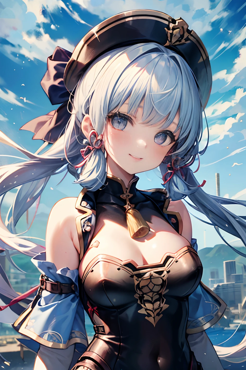 (((masterpiece)))、(((top-quality)))、((ultra-detailliert))、(illustratio)、((extremely delicate and beautiful))、Bright smile、floating、(Detailed light) (1girl in)、、独奏、The long-haired、The wind is blowing、A WORLD、(cute eye)Wizard Hat, red blush, blush stickers, cleavage of the breast, bare shoulders, doress, off shoulders, cowboy shot, is standing, A smile, deph of field,