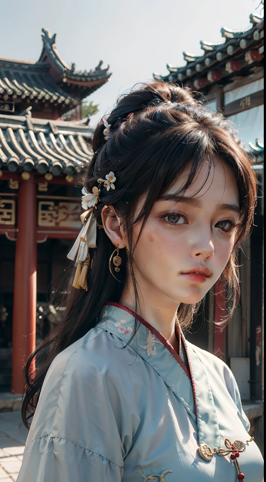 Best quality, masterpiece, ultra high res, (photorealistic:1.4), raw photo, 1girl, hanfu, ancient chinese building
