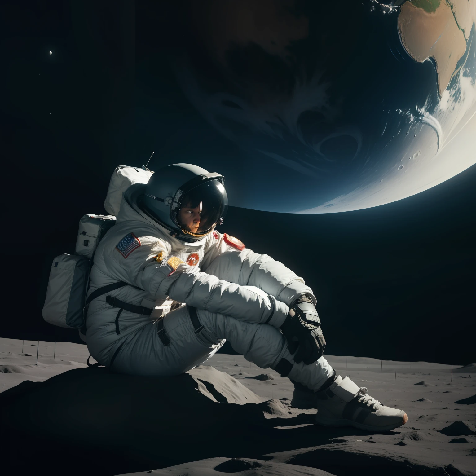 photographic character watching earth, sitting on moon expand the image
