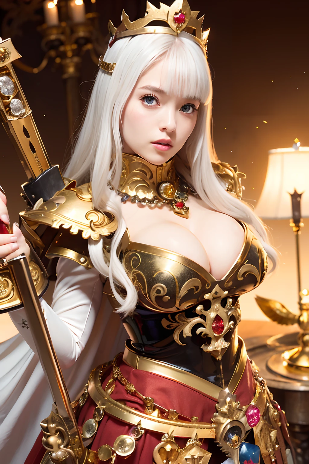 (masutepiece), Professional , ​masterpiece、top-quality、photos realistic , depth of fields ,（Wind element），close-up，dream magical，tornado，Lightning，（Gemstone Gold Jewel Body:1.９),(Matte White、Jewel Gold Weapon_（Gemstone Metal Body:1.４),Luminous Luxury Jewel Metal Weapon ,(( Detailed Sword of the Brave)) ,  Black castle background  ,warhammer 40k , adepta sororitas,Detail and ornate jewel crown、Brown hair、Gangle's forest background、Beautiful Caucasian beauty、１a person、dynamic ungle,(((Detailed and ornate diamond crown)))、Particles of light、cleavage of the breast、Battle Pose、Beautiful thighs、