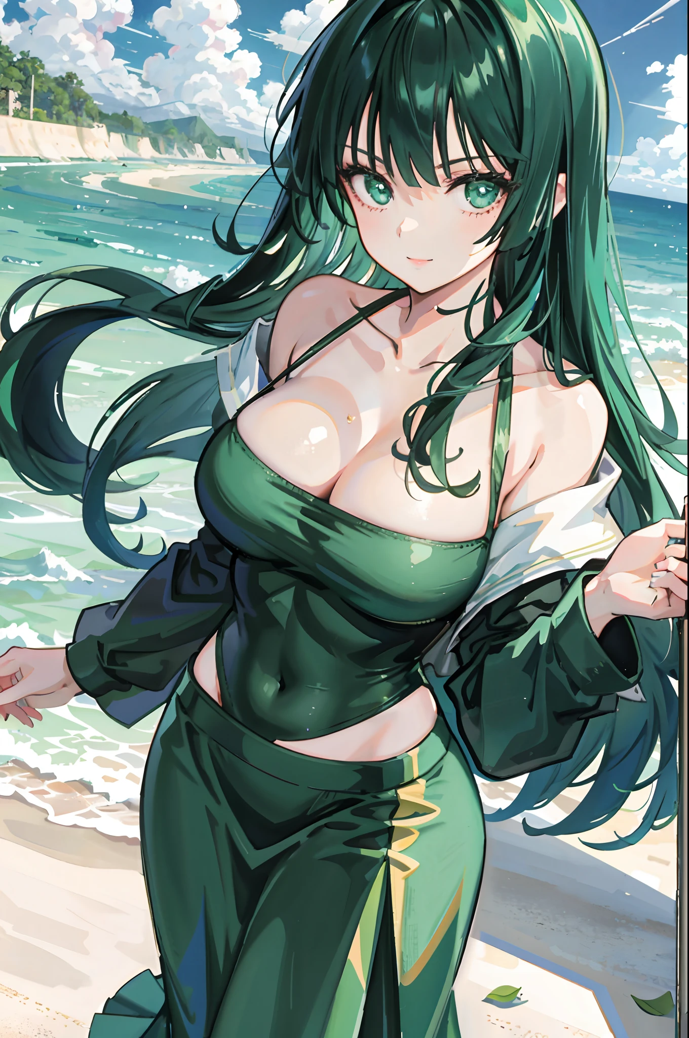 "one-girl，masterpiece level work，Best Picture Quality，Facing the camera，cleavage，ssmile，green skirt，Raised sexy，look straight at the camera，long whitr hair，perfect bodies，beachside，Green hair，Off-the-shoulder attire。Large breasts