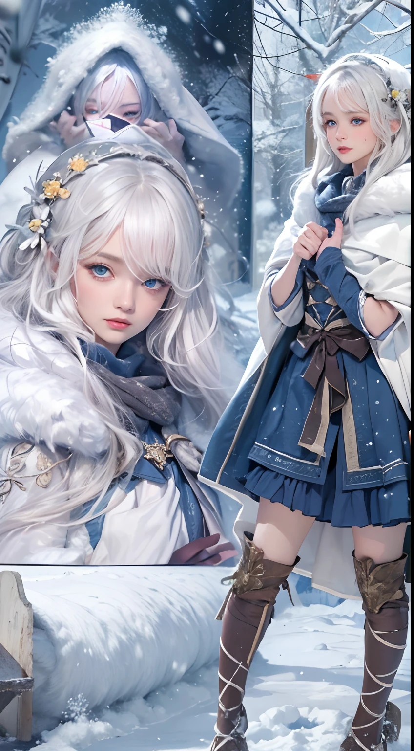 Photorealistic, high resolution, 1 Women, Solo, (Lolita costume),Gorgeous costumes,Face the audience,The upper part of the body,upper legs, beautidful eyes, White hair, ringed eyes, (outside,Heavy snowfall,Cloak,Cover with snow),snowfield,Blue eyes,Illustrations of the highest quality,A meticulous face
