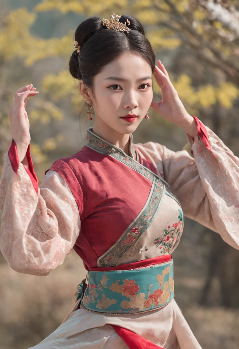 (wide angles,Ultra HD details,Masterpiece, hyper HD, Super detail, High details, Best quality, A high resolution, Award-Awarded, Award-Awarded, 8K,),(Chinese Song Dynasty beauty dancing in skirt),(anatomy correct,Korean star face,The hands and face are very delicate and clear),(Stand in the middle of a quaint courtyard,Plum tree,Chinese elements,Winter clothing,A lot of plum blossoms are falling:1.2,Snowflakes are falling:1.2,),(Chinese premium color scheme,电影灯光)