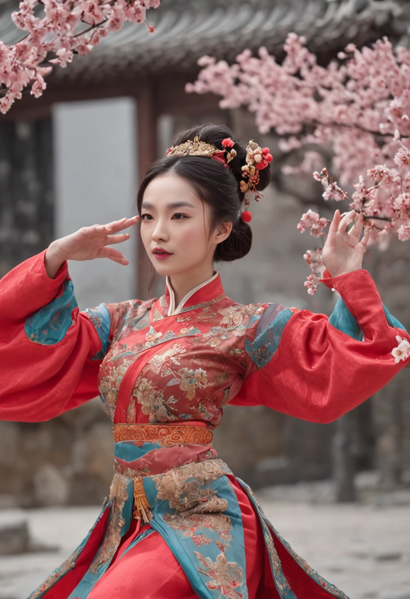 （wide angles，Ultra HD details，Masterpiece, hyper HD, Super detail, High details, Best quality, A high resolution,  Award-Awarded, Award-Awarded, 8K，），（Chinese Song Dynasty beauty dancing in skirt），（anatomy correct，Korean star face，The hands and face are very delicate and clear），（Stand in the middle of a quaint courtyard，Plum tree，Chinese elements，Winter clothing，A lot of plum blossoms are falling：1.2，Snowflakes are falling：1.2，），（Chinese premium color scheme，电影灯光）