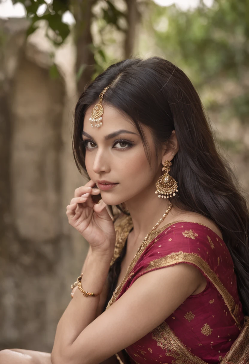 (photorealistic:1.37),indian women,sexy warrior,sword in hand,detailed eyes,detailed lips,long black hair,golden jewelry,flowing fabrics,navel,sexy top wear,vibrant colors,ornate headpiece,ornamental hilt,confident expression,graceful pose,beautiful backdrop,warrior princess