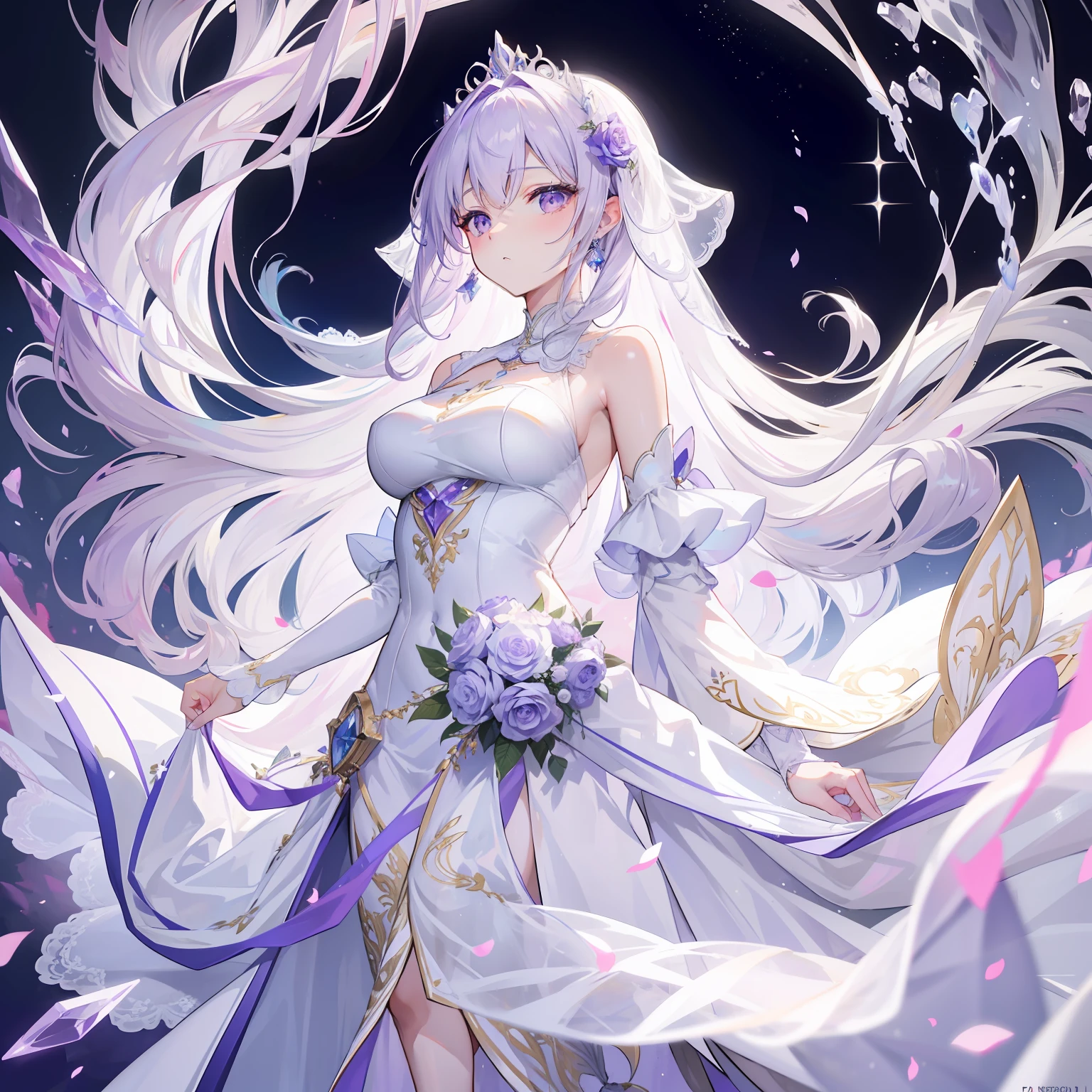 Light lilac fluffy and sparse long hair，Liquid crystal class，The wedding dress is as clear as a tassel，Very nice and beautiful young lady，Wedding dress，There is a looming hazy beauty