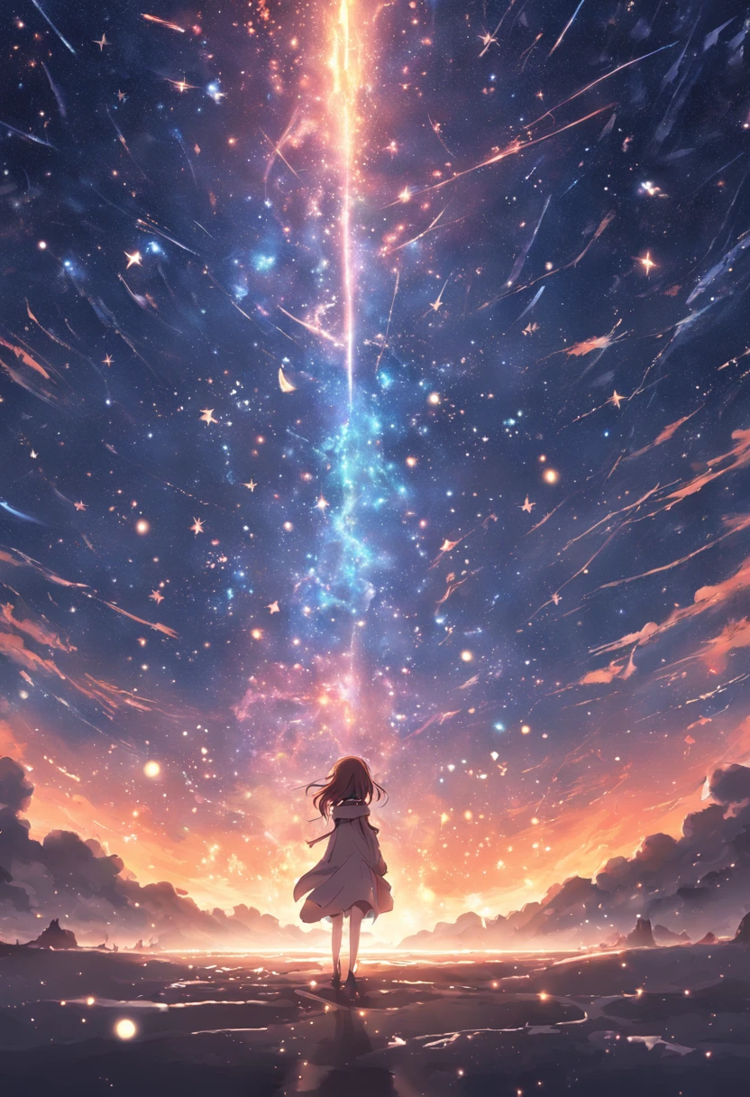 The starry sky of the galaxy,Magnificent standing figure,Twinkling starlight,limitless,Fantastic sight、Rear view