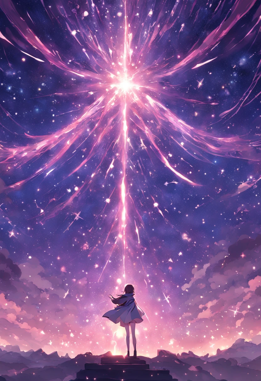 The starry sky of the galaxy,Magnificent standing figure,Twinkling starlight,limitless,Fantastic sight、Rear view