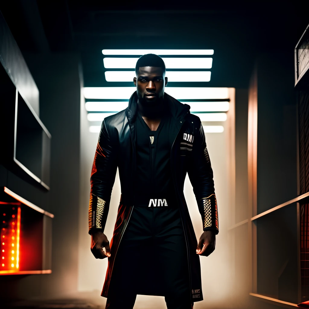 best quality, tall, dark eyes, African, mma fighter, male, 2 7 years old. Composition: Dynamic Composition, 
Lighting: Backlighting, 
Subject: Main Focal Point, 
Color Palette: Monochromatic Scheme, 
Mood/Emotion: Excitement
, Cyberpunk Aesthetics
