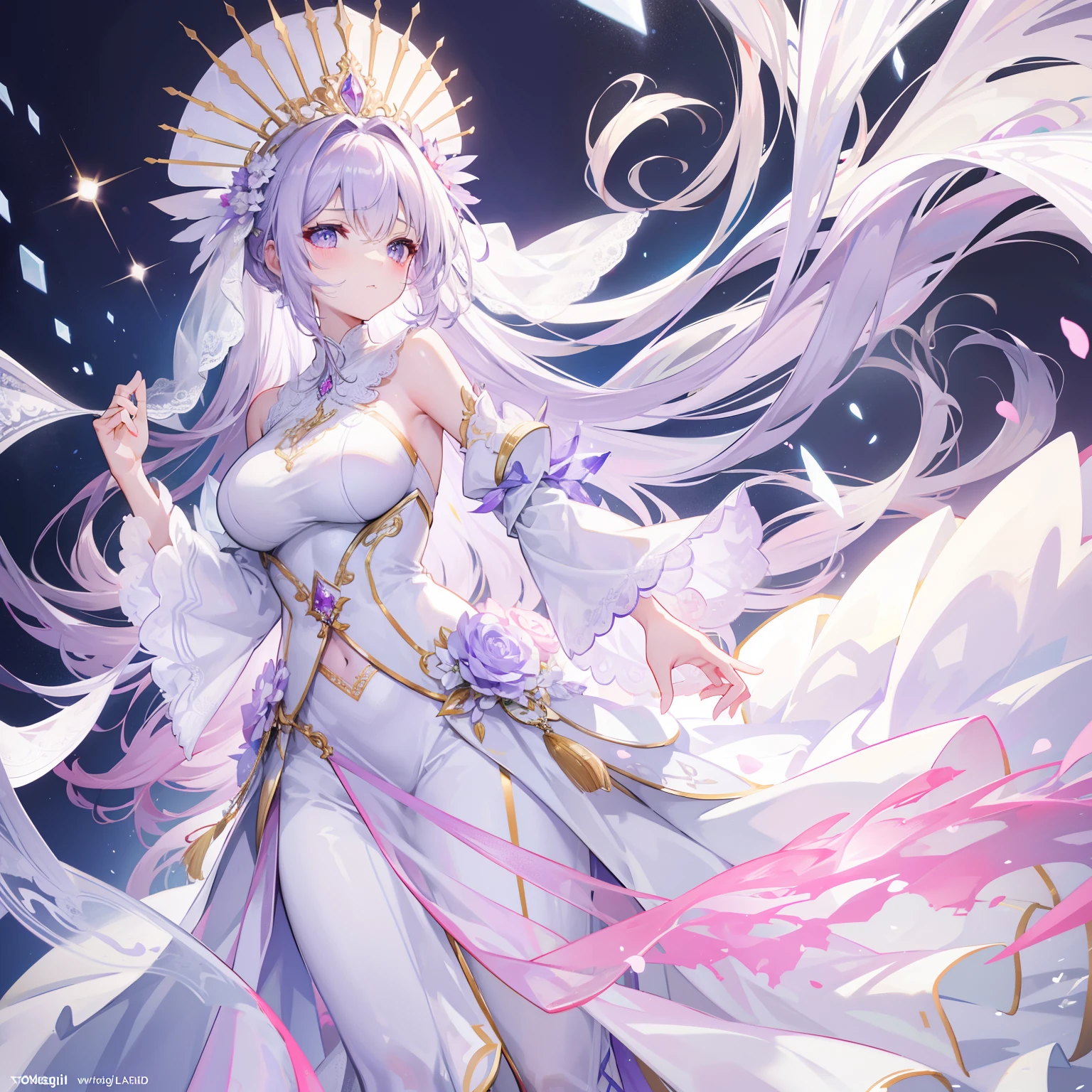 Light lilac fluffy and sparse long hair,Liquid crystal class,The wedding dress is as clear as a tassel,Very nice and beautiful young lady,Wedding dress,There is a looming hazy beauty