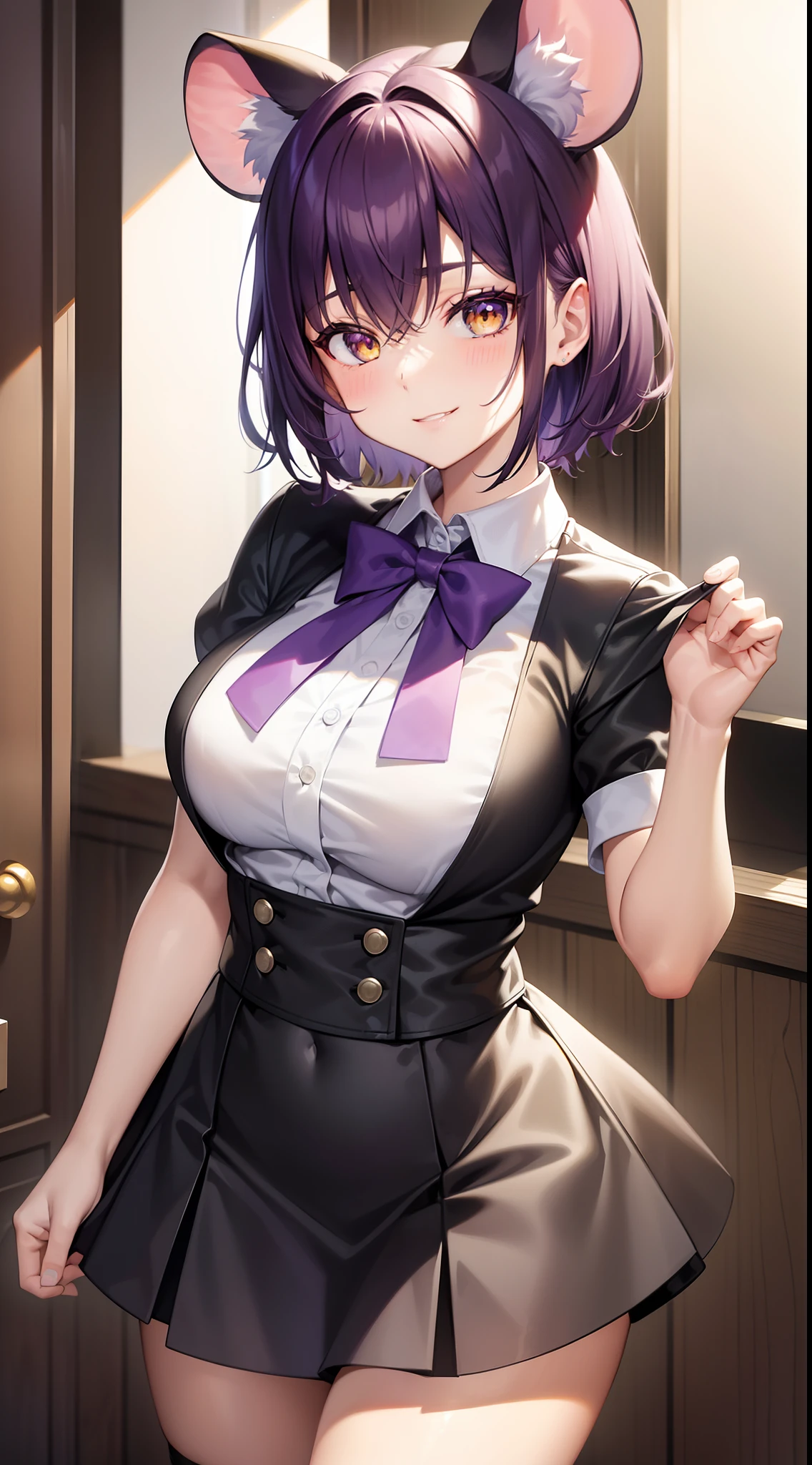 young girl, short purple hair, Yellow eyes, Mouse ears, tight white shirt with bow tie, tight black skirt, open breasts, Languid look, Lustful smile, Masterpiece, hiquality