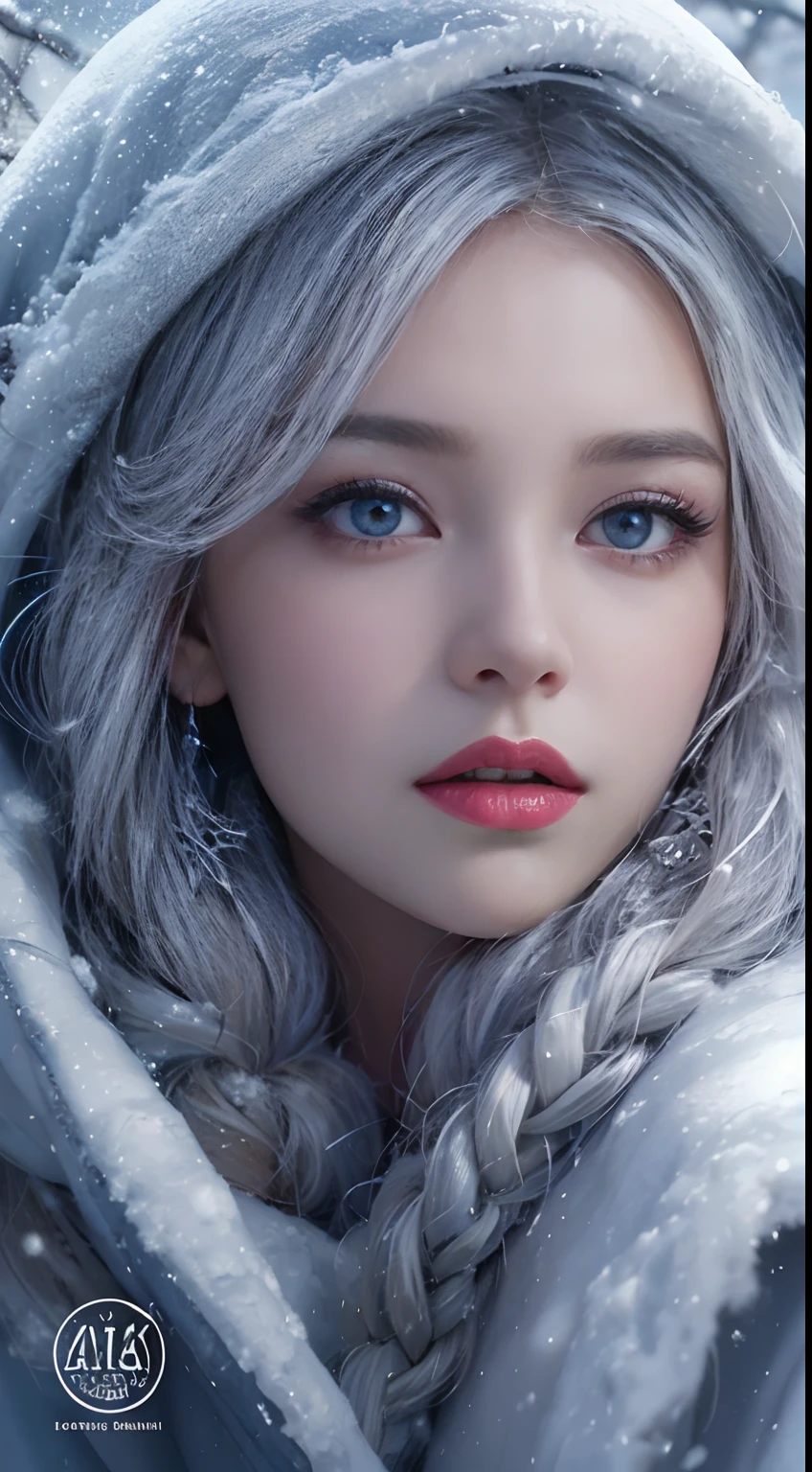 Photorealistic, high resolution, 1 Women, Solo, (ta costume),Gorgeous costumes,Face the audience,The upper part of the body,upper legs, beautidful eyes, White hair, ringed eyes, (outside,Heavy snowfall,Cloak,Cover with snow),snowfield,Blue eyes,Illustrations of the highest quality,A meticulous face