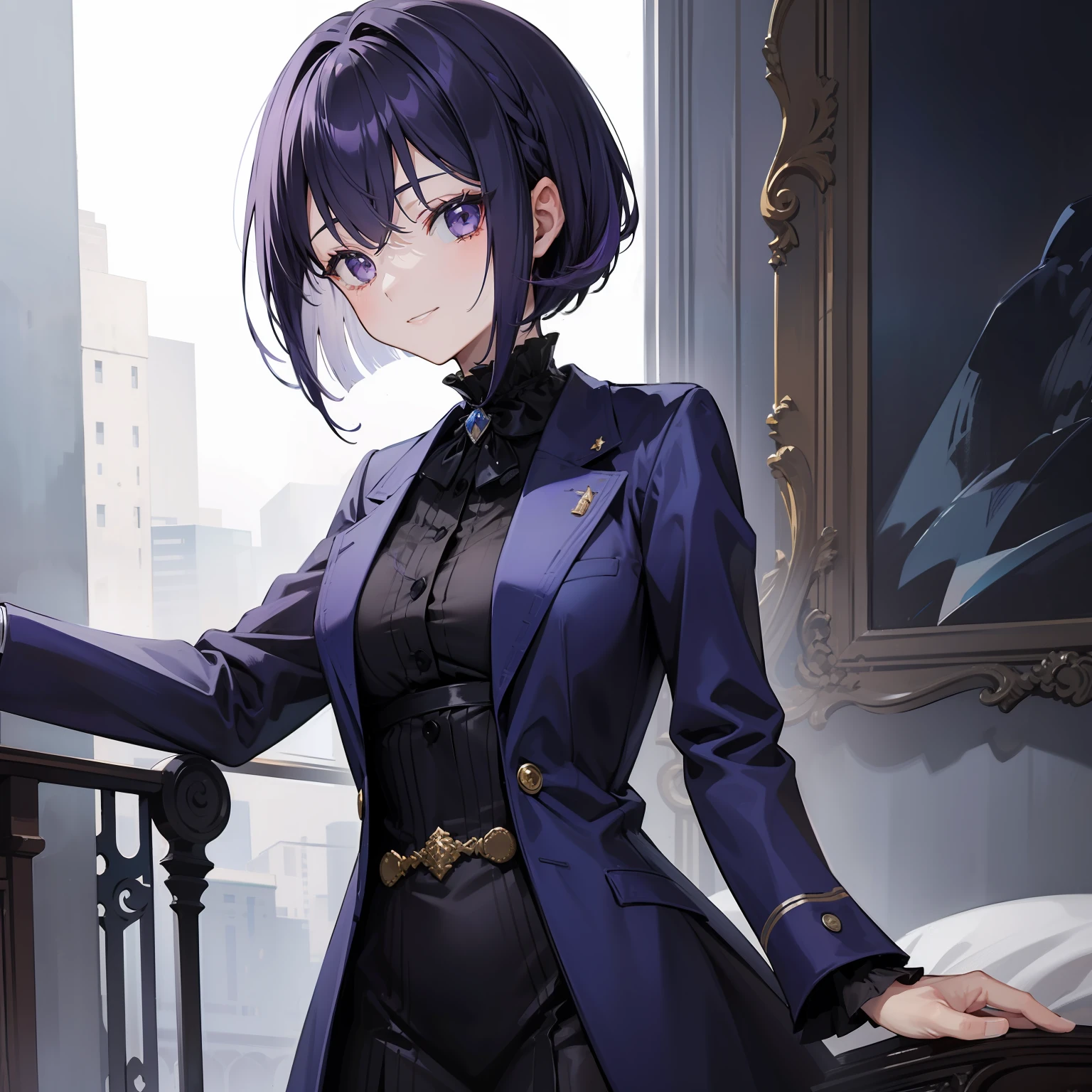 Woman, short dark blue-purple hair with gray strands, bob hairstyle, gray eyes, French royal strict suit, calm look and calm smile, many details