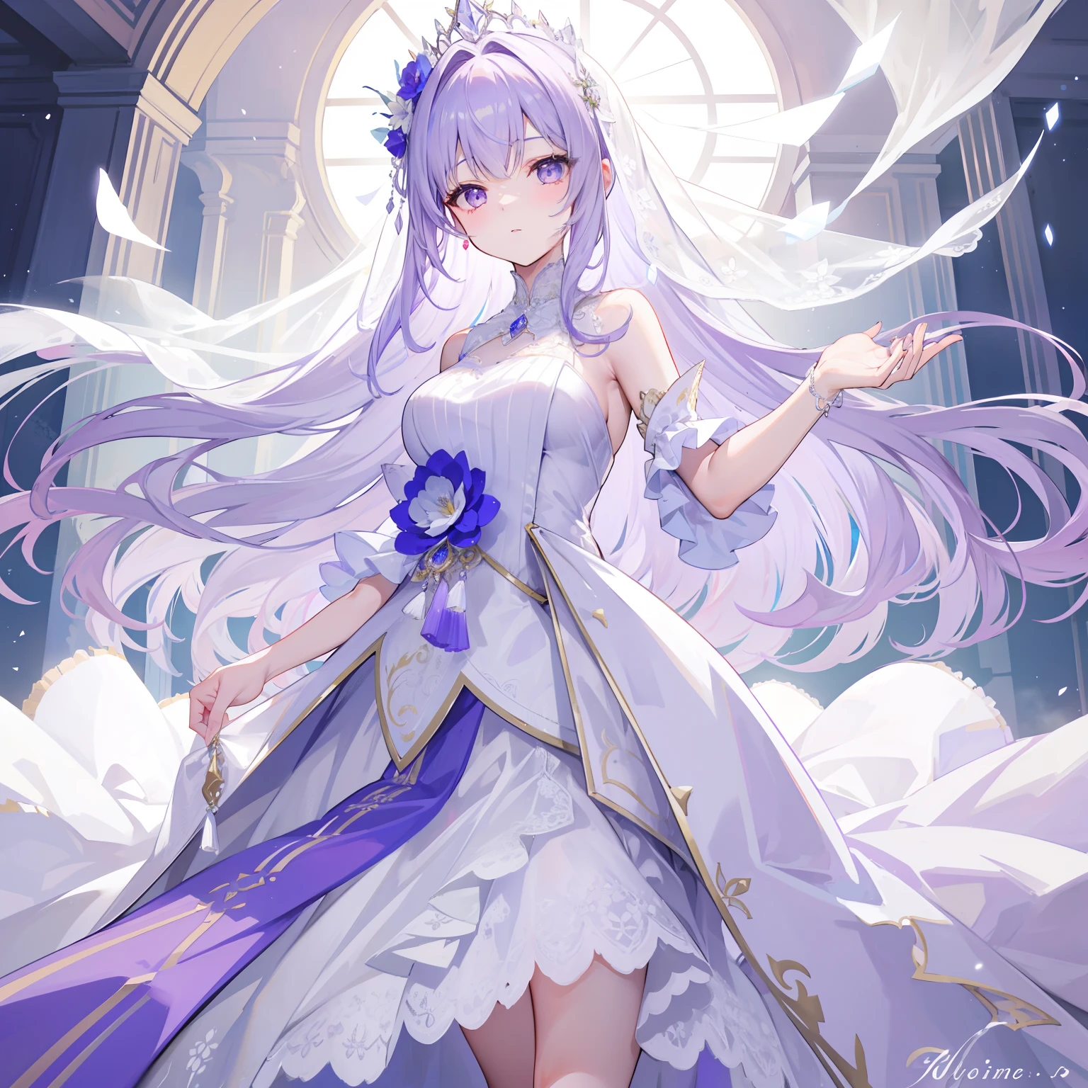 Light lilac fluffy and sparse long hair，Liquid crystal class，The wedding dress is as clear as a tassel，Very nice and beautiful young lady，Wedding dress，There is a looming hazy beauty