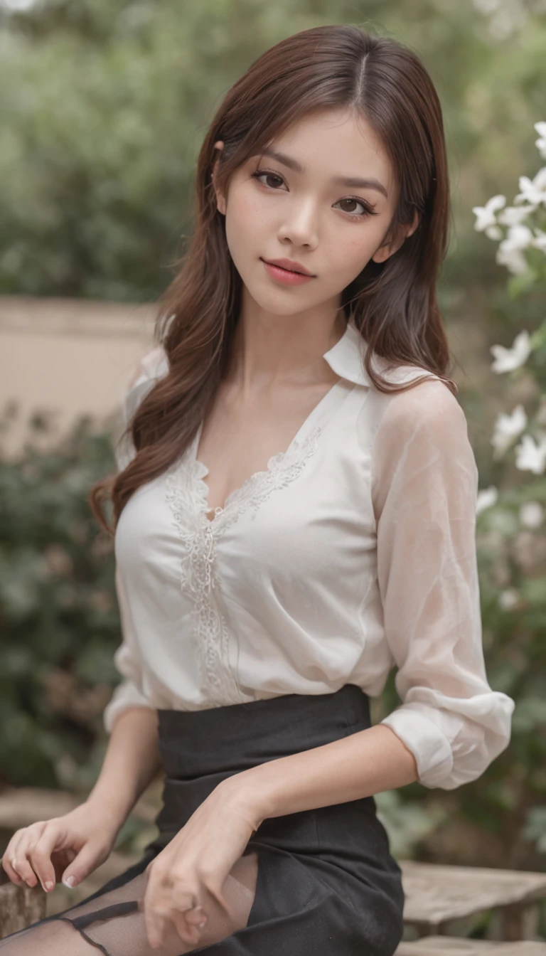 best qualtiy，tmasterpiece，超高分辨率，(photorealestic),（realisticlying：1.4），RAW photogr，1girll，(Full body photo，inside in room，sit on chair，legs crossed)，good-looking face，slim，dignified，Small Fresh，（White color blouse，black short skirt），ssmile，cabelos preto e longos，Beautiful hair accessories，Beautiful teenage girl，Detailed scenes, Beautiful digital illustration, the detail，Hyper-detailed, Cinematic quality, (Beauty and aesthetics，big breasts beautiful)，correct hand，anatomy correct, ((from below))