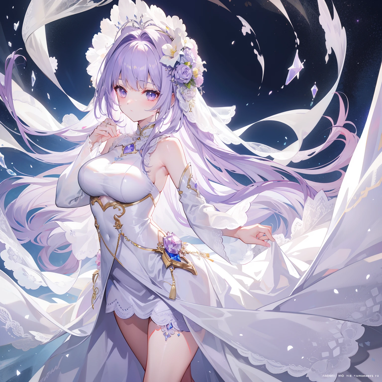 (wedding photo:1.1, in white garden:1.5), Masterpiece, best quality, (very detailed CG unity 8k wallpaper), (best quality), High definition RAW color art, Animation,sculptures, (pink Marble Skin), (((Ultra detailed elegant))), Magical atmosphere, Detailed skin, Texture,(Intricately detailed, Fine detail, ultra-detail art), depth of fields, bokeh, Silky Touch, Hyper Detail, beautiful eyes, Elegant Face, (lying on marble floor), sparkle background, enormous breast:1.3, witchcraft outfit, (silver hair, pastel purple:1.1), abs, muscle, smiley with embarrassing, wide open udder, ラベンダー