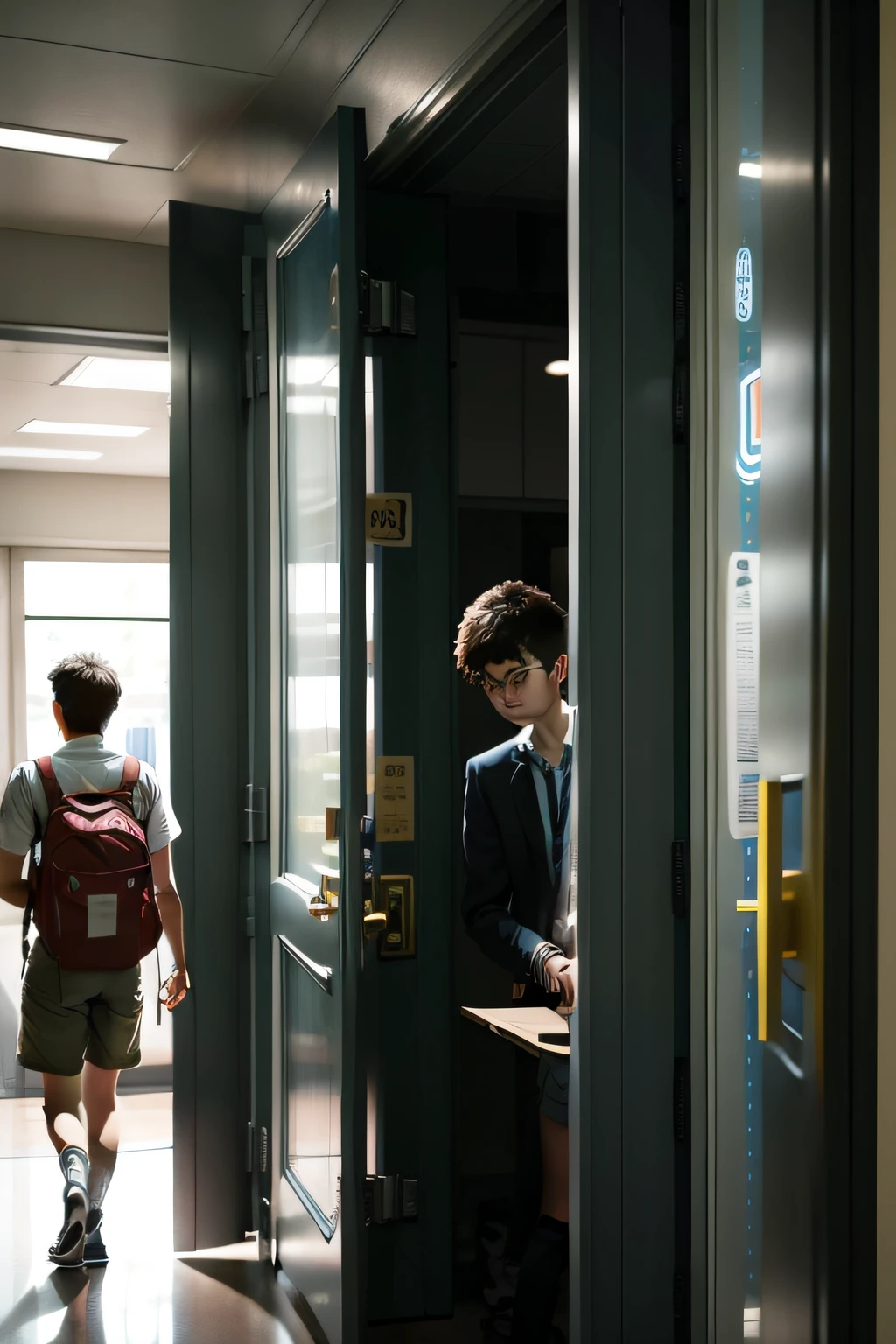 A high school student clocks in at the entrance of a popular science venue，High school boys are as small as possible