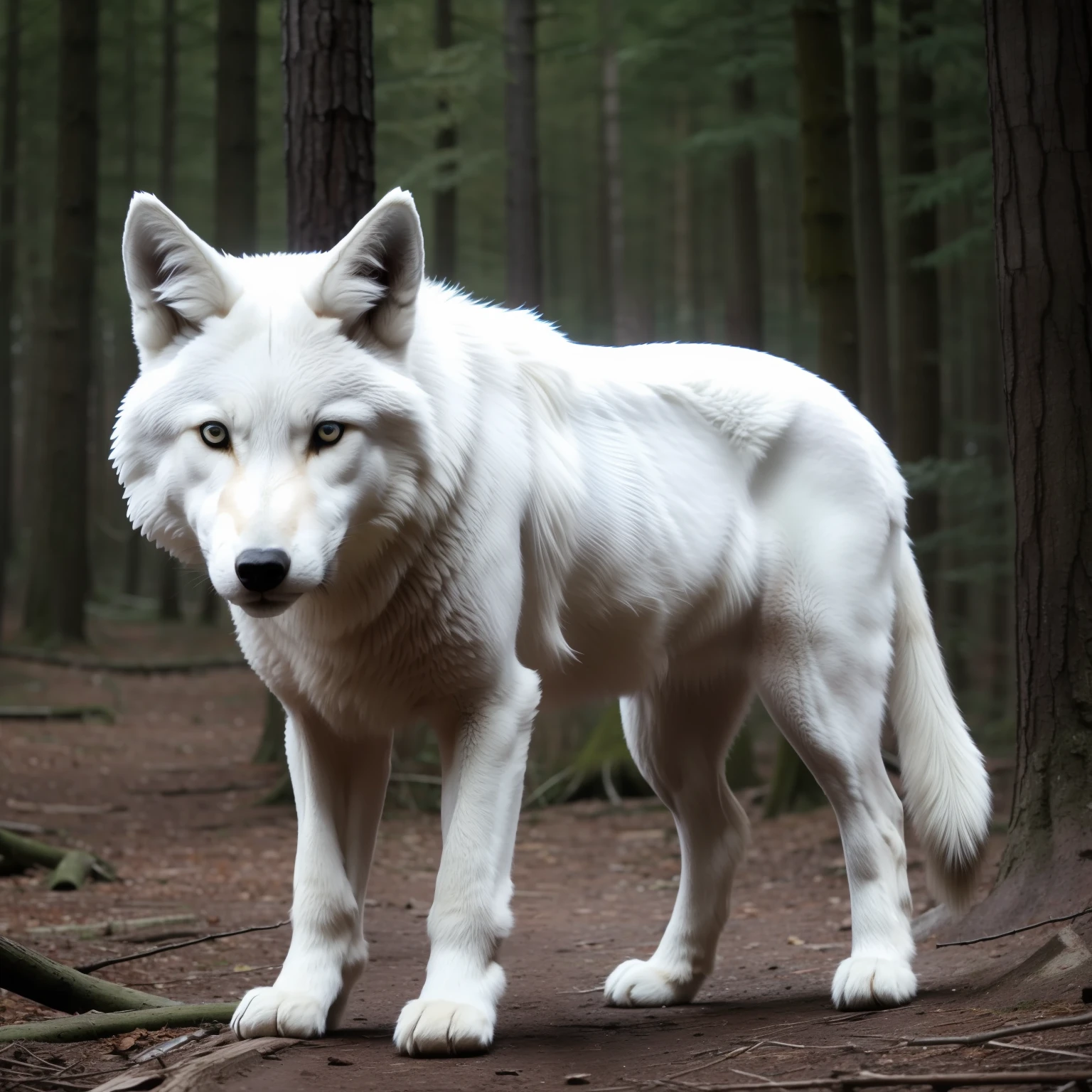 Common wolf, in the woods, white wool,, albino, Cyan eyes