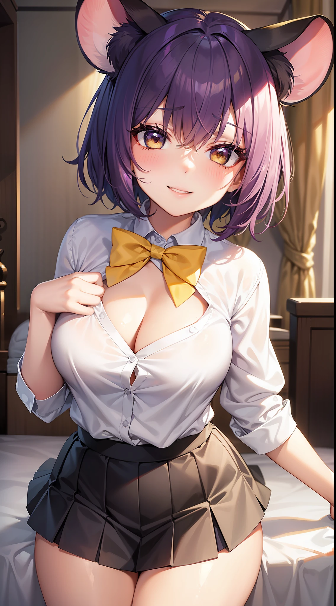 young girl, short purple hair, Yellow eyes, Mouse ears, tight white shirt with bow tie, tight black skirt, open breasts, Languid look, Lustful smile, Masterpiece, hiquality