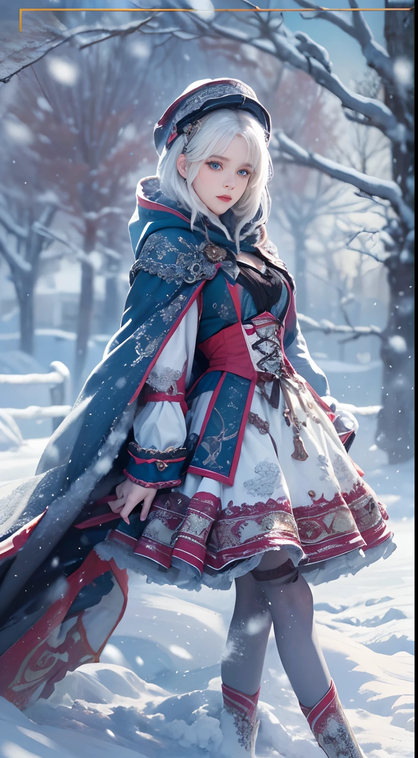 Photorealistic, high resolution, 1 Women, Solo, (Lolita costume)，Gorgeous costumes，Face the audience，The upper part of the body，upper legs， beautidful eyes, White hair, ringed eyes, (outside，Heavy snowfall，Cloak，Cover with snow)，snowfield，Blue eyes，Illustrations of the highest quality，A meticulous face