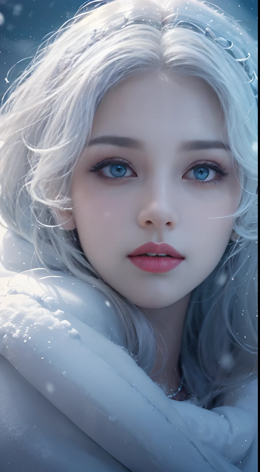 Photorealistic, high resolution, 1 Women, Solo, (ta costume),Gorgeous costumes,Face the audience,The upper part of the body,upper legs, beautidful eyes, White hair, ringed eyes, (outside,Heavy snowfall,Cloak,Cover with snow),snowfield,Blue eyes,Illustrations of the highest quality,A meticulous face