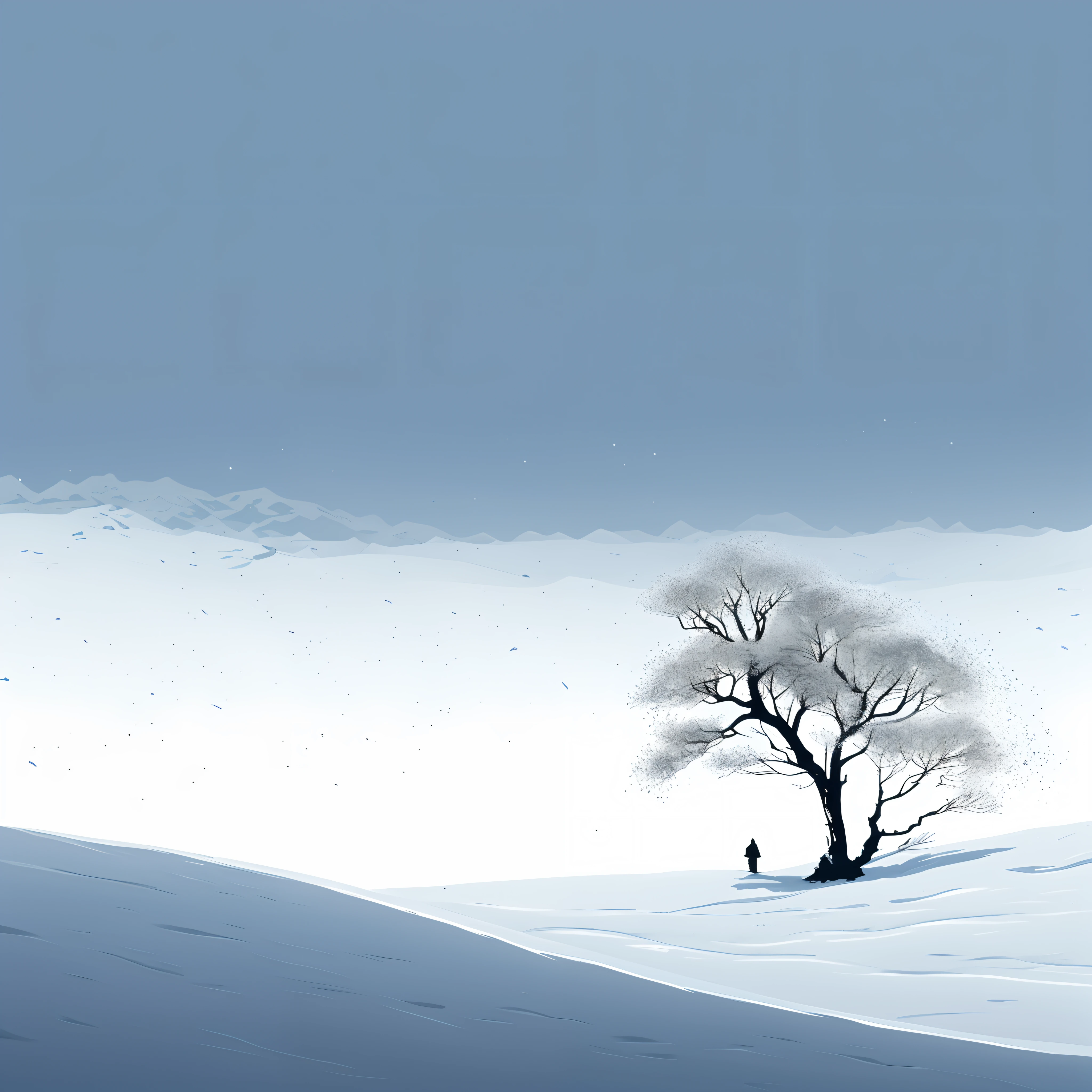 There is a lone tree in the middle of the snowfield, The man under the tree wears a hat,In the distance are woods and huts,A beautiful artwork illustration, Desolate. Digital illustration, snow landscape background, serene illustration, snowy landscape, low details. Digital painting, inspirado em Eyvind Earle, Snowy. By Makoto Shinkai, Detailed scenery —width 672, lonely tree, snow landscape, inspired by Jakub Schikaneder