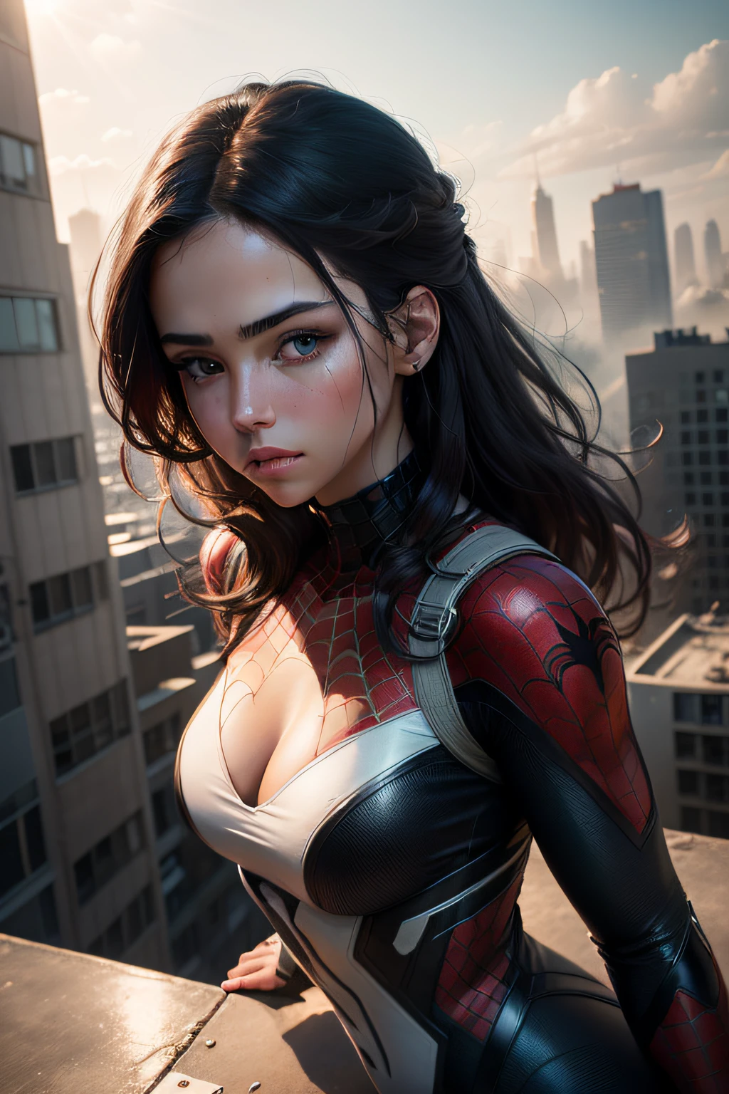 (1girl:1.3), Solo, (((Very detailed face)))), ((Very detailed eyes and face)))), Beautiful detail eyes, Body parts__, Official art, Unified 8k wallpaper, Super detailed, beautiful and beautiful, beautiful, masterpiece, best quality, original, masterpiece, super fine photo, best quality, super high resolution, realistic realism, sunlight, full body portrait, amazing beauty, dynamic pose, delicate face, vibrant eyes, (from the front), She wears Spider-Man suit, red and black color scheme, spider, very detailed city roof background, rooftop, overlooking the city, detailed face, detailed complex busy background, messy, gorgeous, milky white, highly detailed skin, realistic skin details, visible pores, clear focus, volumetric fog, 8k uhd, DSLR, high quality, film grain, fair skin, photo realism, lomography, futuristic dystopian megalopolis, translucent