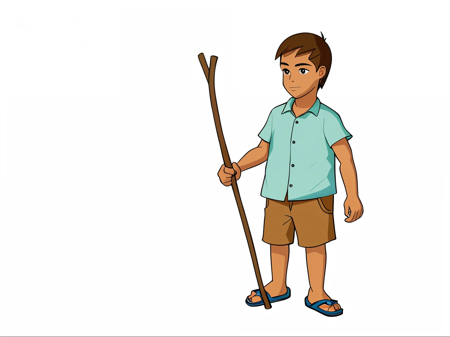 cartoon boy holding a stick and wearing a blue shirt, young male with walking stick, holding a wooden staff, holding walking stick, hd illustration, young man with short, wearing cave man clothes, concept art of single boy, holding a spear, walking boy, man holding spear, holding spear, holding a thick staff, archer boy, holding a staff, cartoon image make diffrent paraporion and style