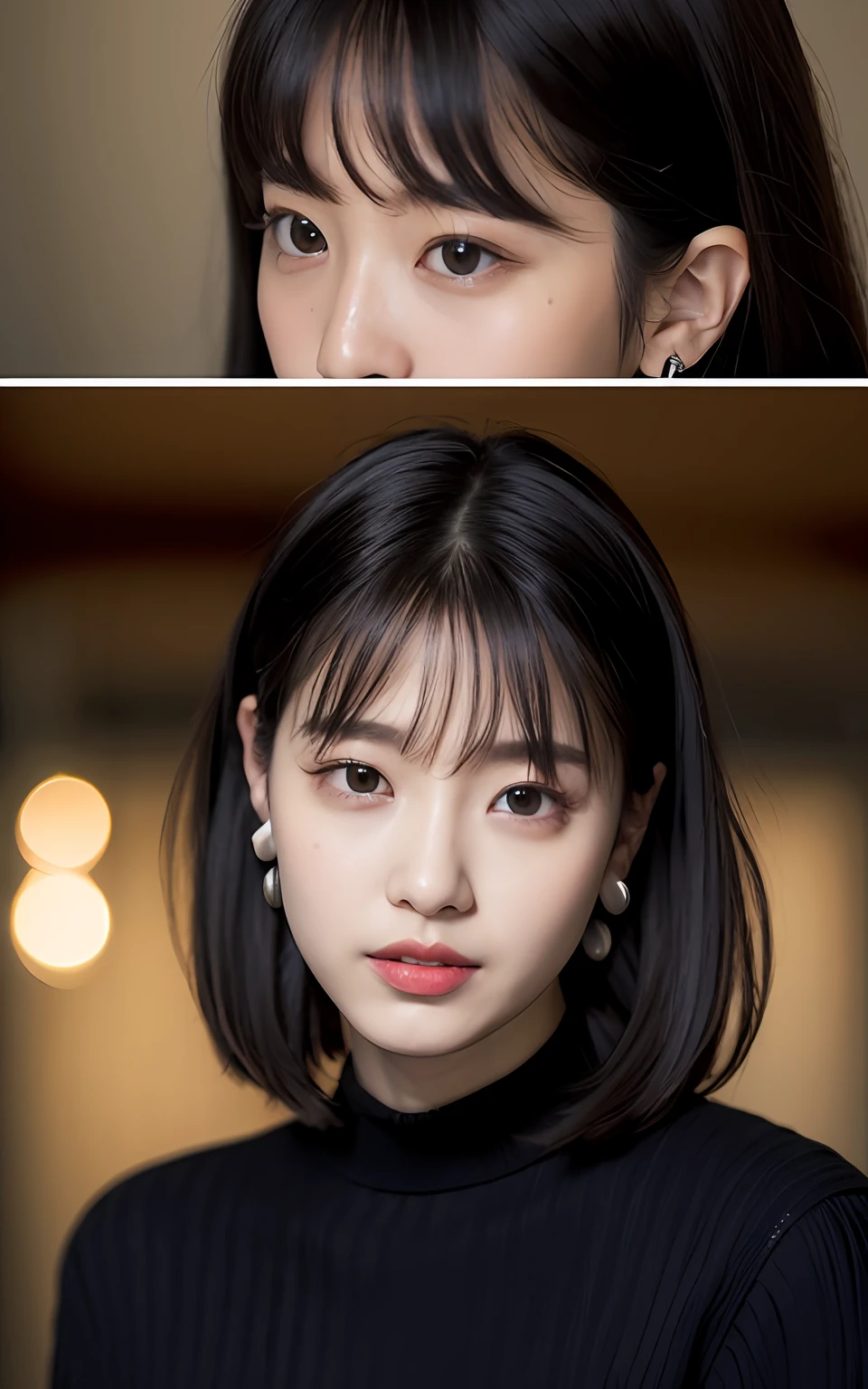 Highly detailed CG Unity 8k wallpapers、top-quality、ultra-detailliert、masterpiece、realisitic、Photo Real、extremely detailed cute girl、25-years old、((A dark-haired:1.4))、((hair adornments、piercings))、(gals)、roundly eyes、viewer、red blush、cparted lips、Semi-body shot、
sleeveless sweater、cafes、short-hair