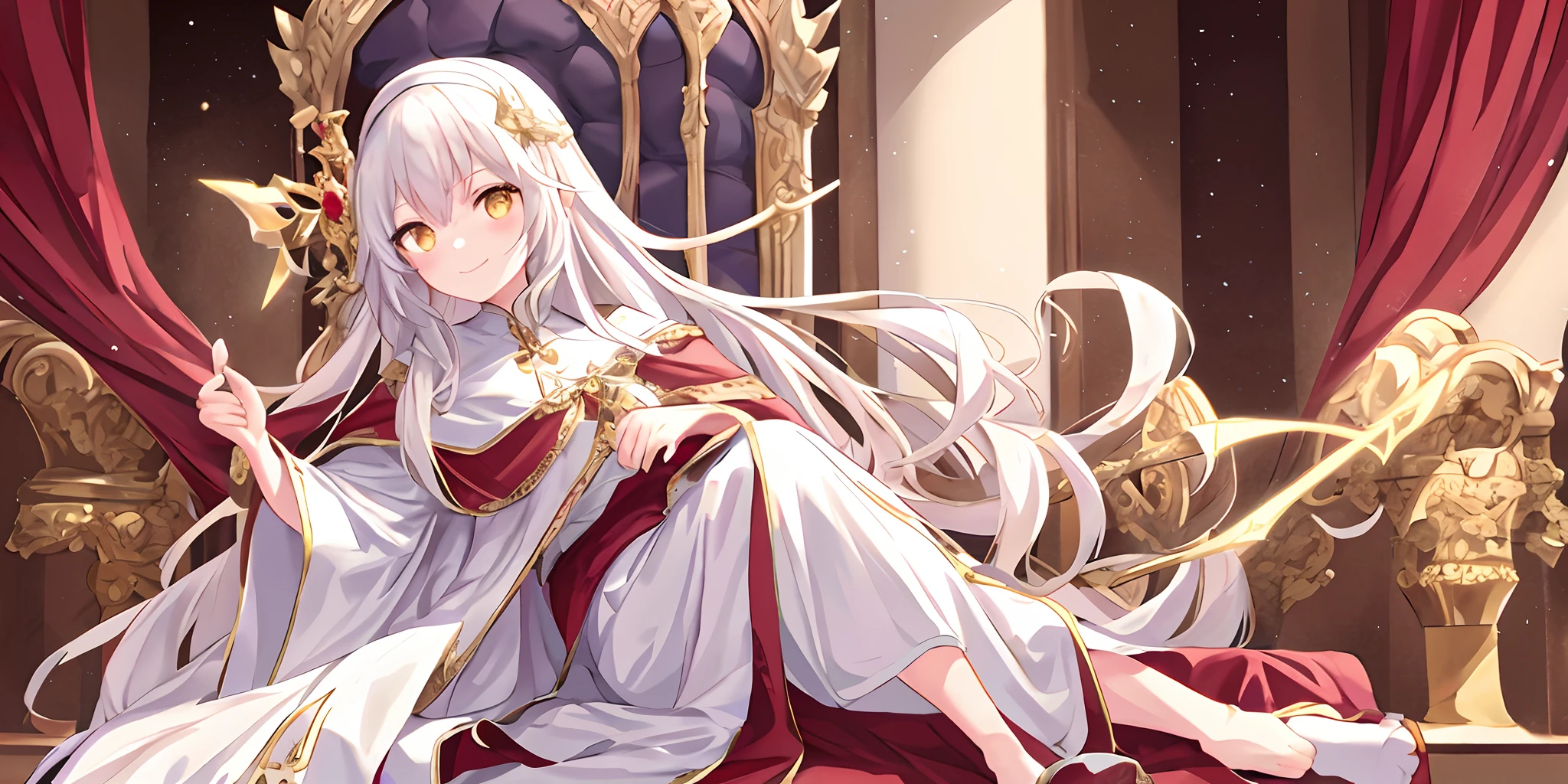 Pope full body，one-girl，Poor milk，On the scepter，Lie down in bed（long white robe，The pattern is complex））red shawl，（cute anime face），Gold eyes，long  white hair，ssmile，The halo，（Sit on a low throne），In a magnificent castle，ultraclear