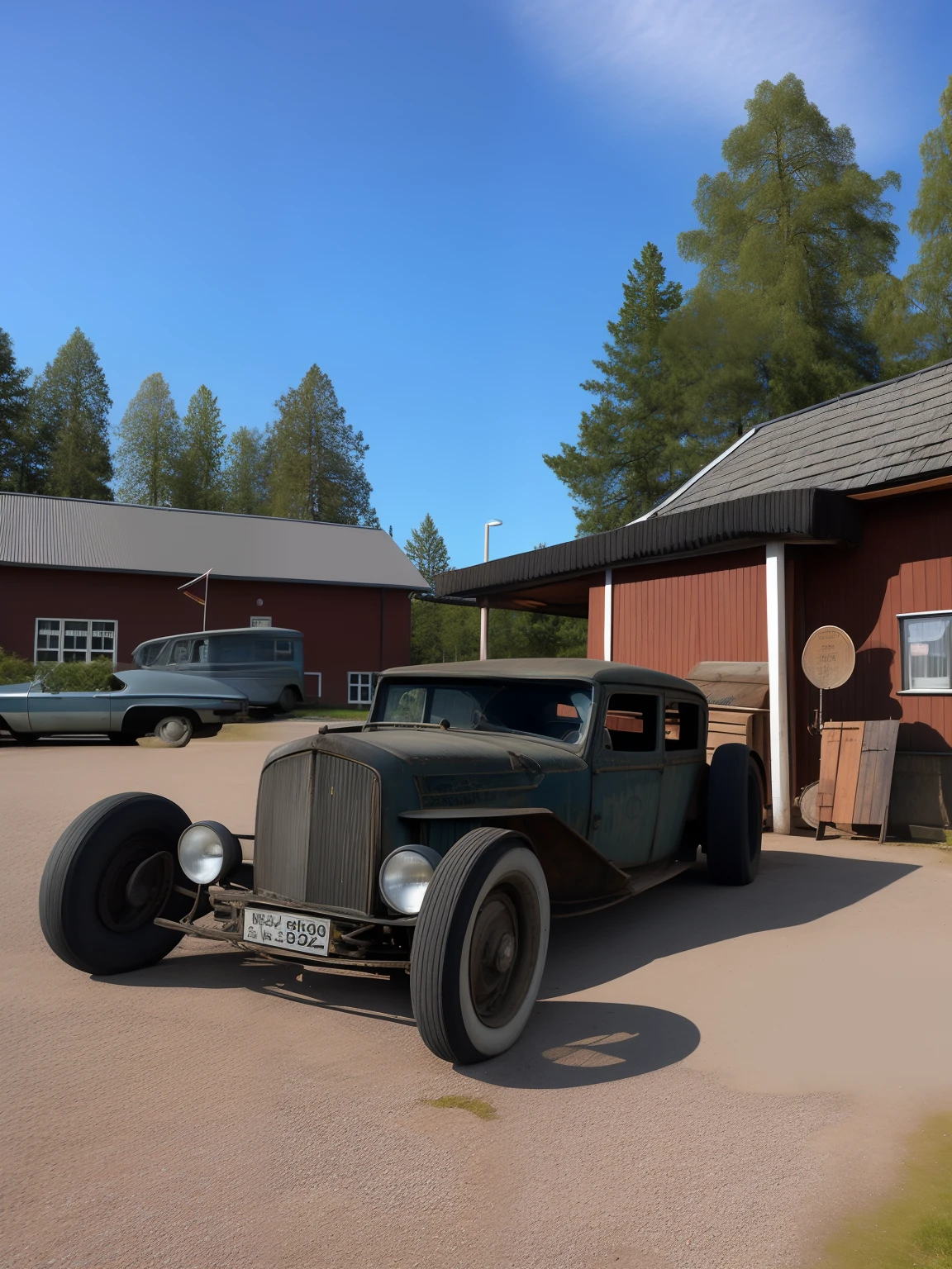 there is a old car parked in front of a building, by Jaakko Mattila, by Sven Nordqvist, by Jesper Myrfors, by Ejnar Nielsen, by Samu Börtsök, by Jesper Knudsen, by Svend Rasmussen Svendsen, by Jørgen Roed, by Olaf Gulbransson