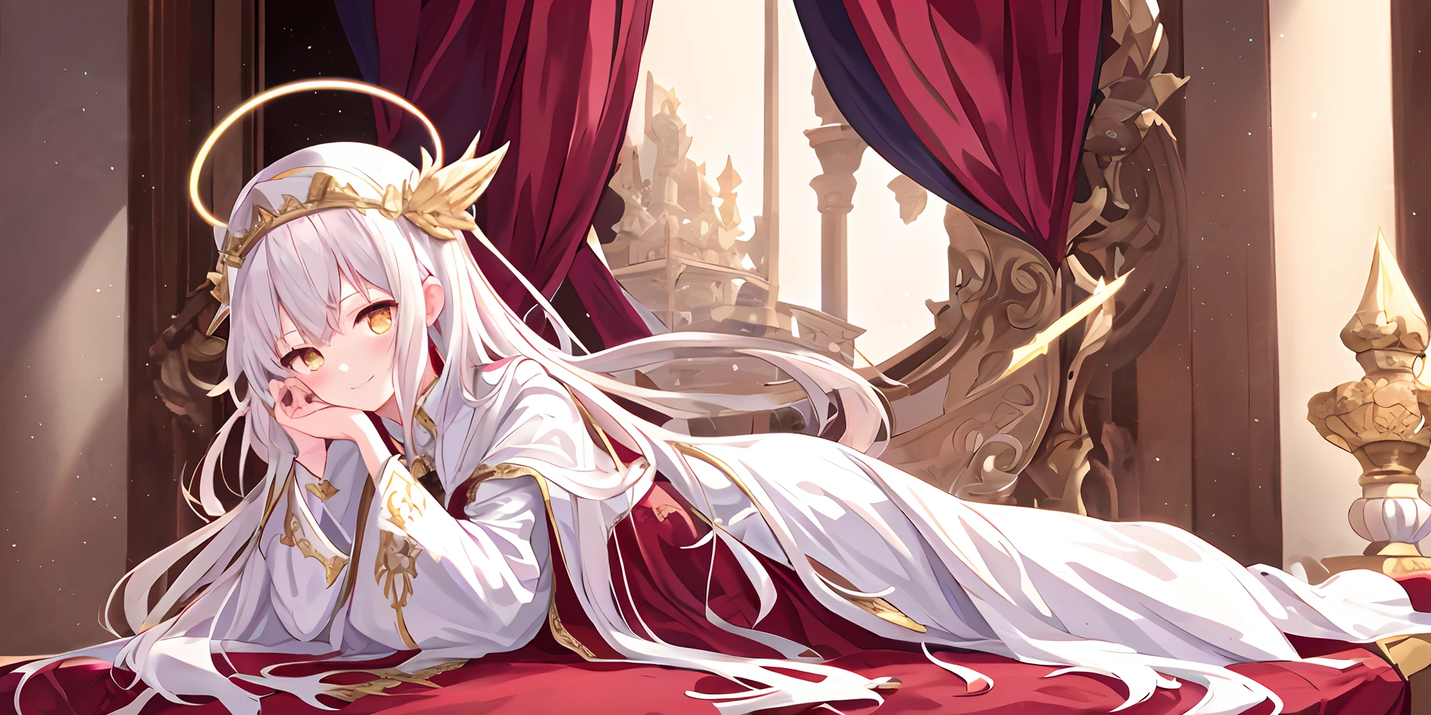 Pope full body,one-girl,Poor milk,On the scepter,Lie down in bed(long white robe,The pattern is complex))red shawl,(cute anime face),Gold eyes,long white hair,ssmile,The halo,(Sit on a low throne),In a magnificent castle,ultraclear