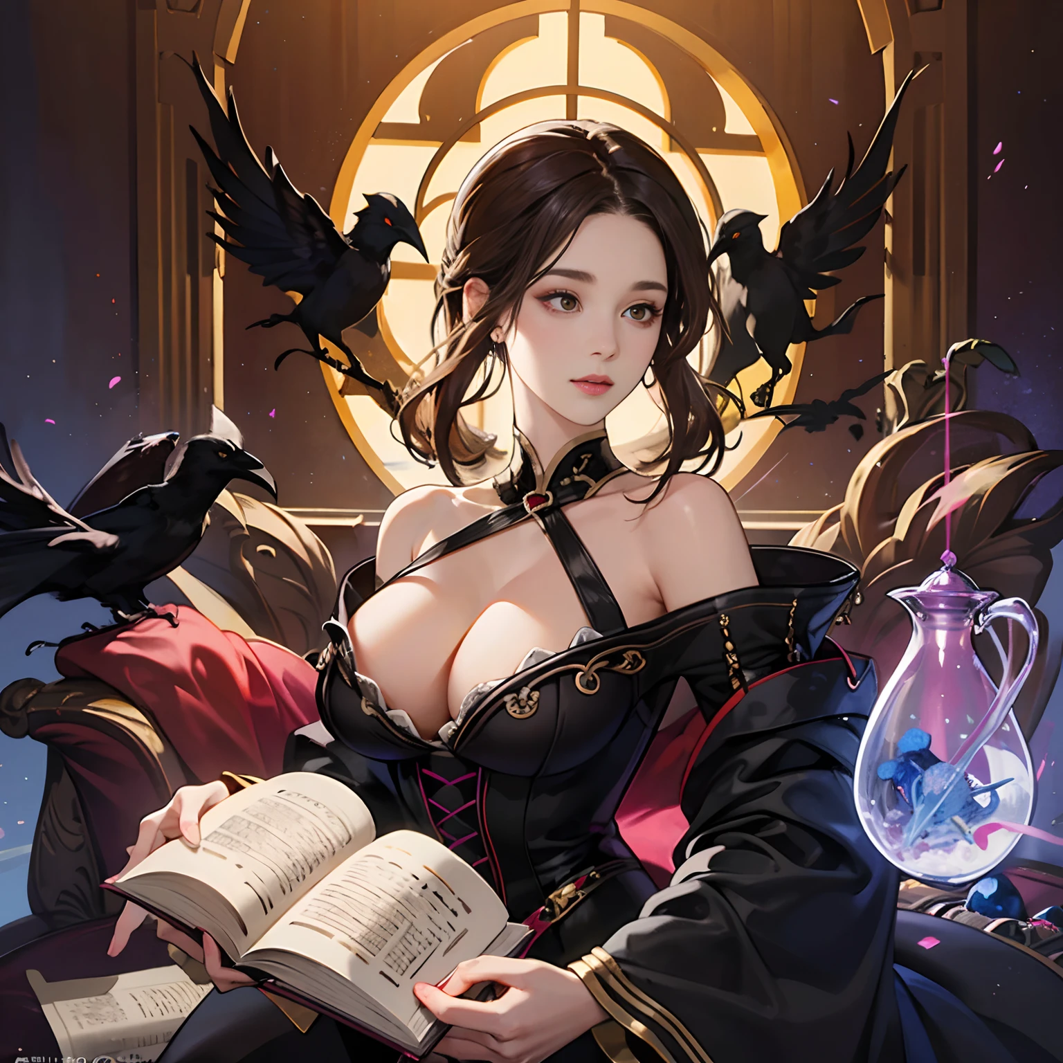 Women in Their 20s, Fantasia、offcial art, unity 8k wall paper, ultra-detailliert, beautifly、Aesthetic, masterpiece, top-quality, Photorealsitic、sorcerer、the witch、Black clothes with skull design、Bunching hair、Staring at this、Curse ritual、Have a vial of poison、crows、secret room、abajour、depth of fields, Fantastic atmosphere, Calm palette, tranquil mood, Soft shading、bbw、very large breast、plump figure、