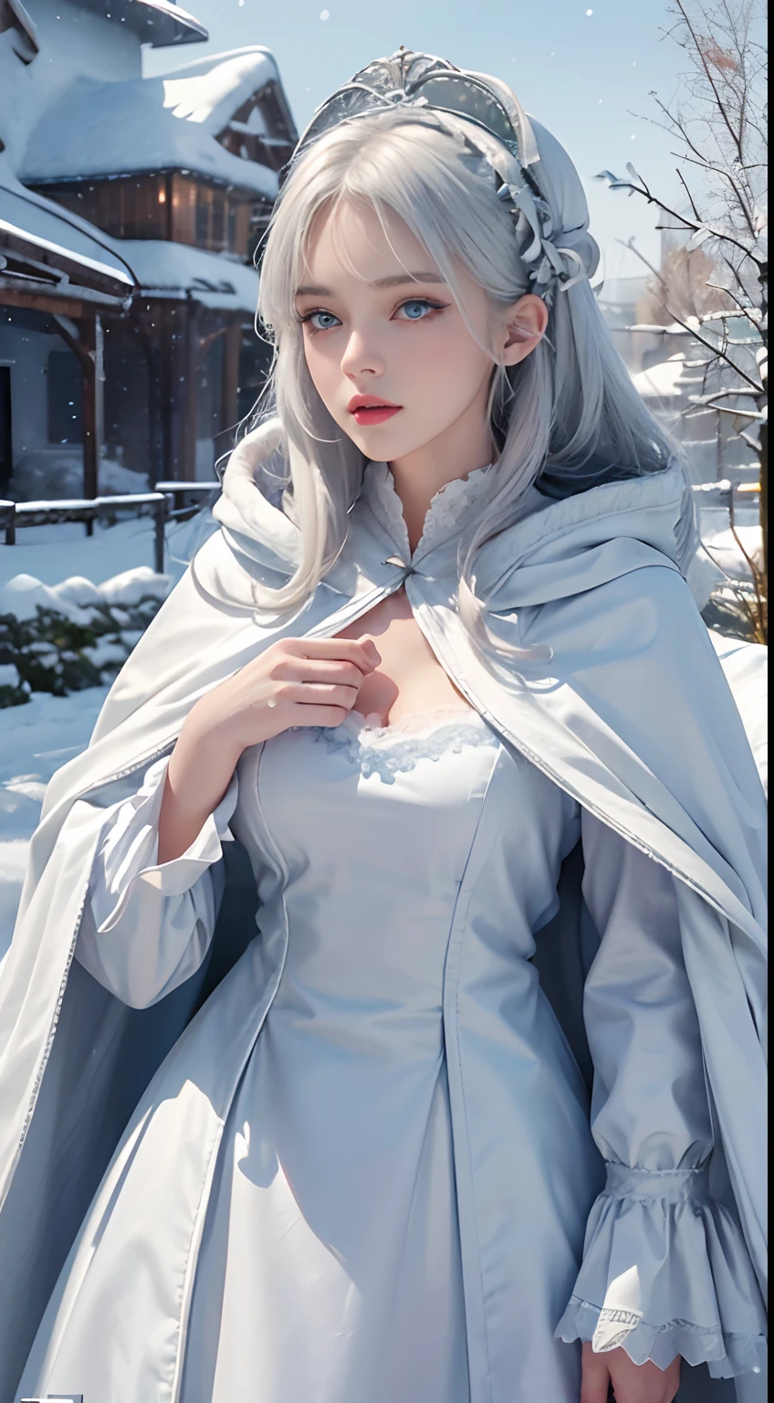 Photorealistic, high resolution, 1 Women, Solo, (Lolita costume),Gorgeous costumes,Face the audience,The upper part of the body,upper legs, beautidful eyes, White hair, ringed eyes, (outside,Heavy snowfall,Cloak,Cover with snow),snowfield,Blue eyes,Illustrations of the highest quality,A meticulous face