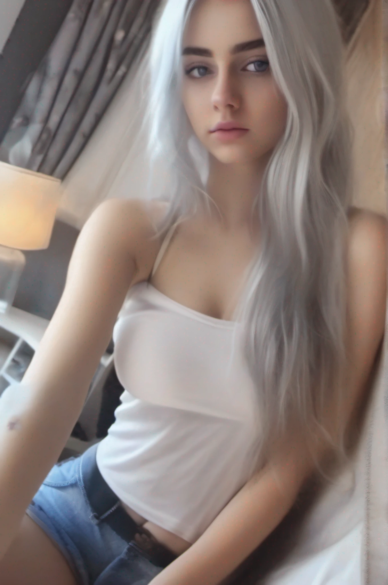 (a sexy lady with a white hair, naked), (in the room, semen, selfie)