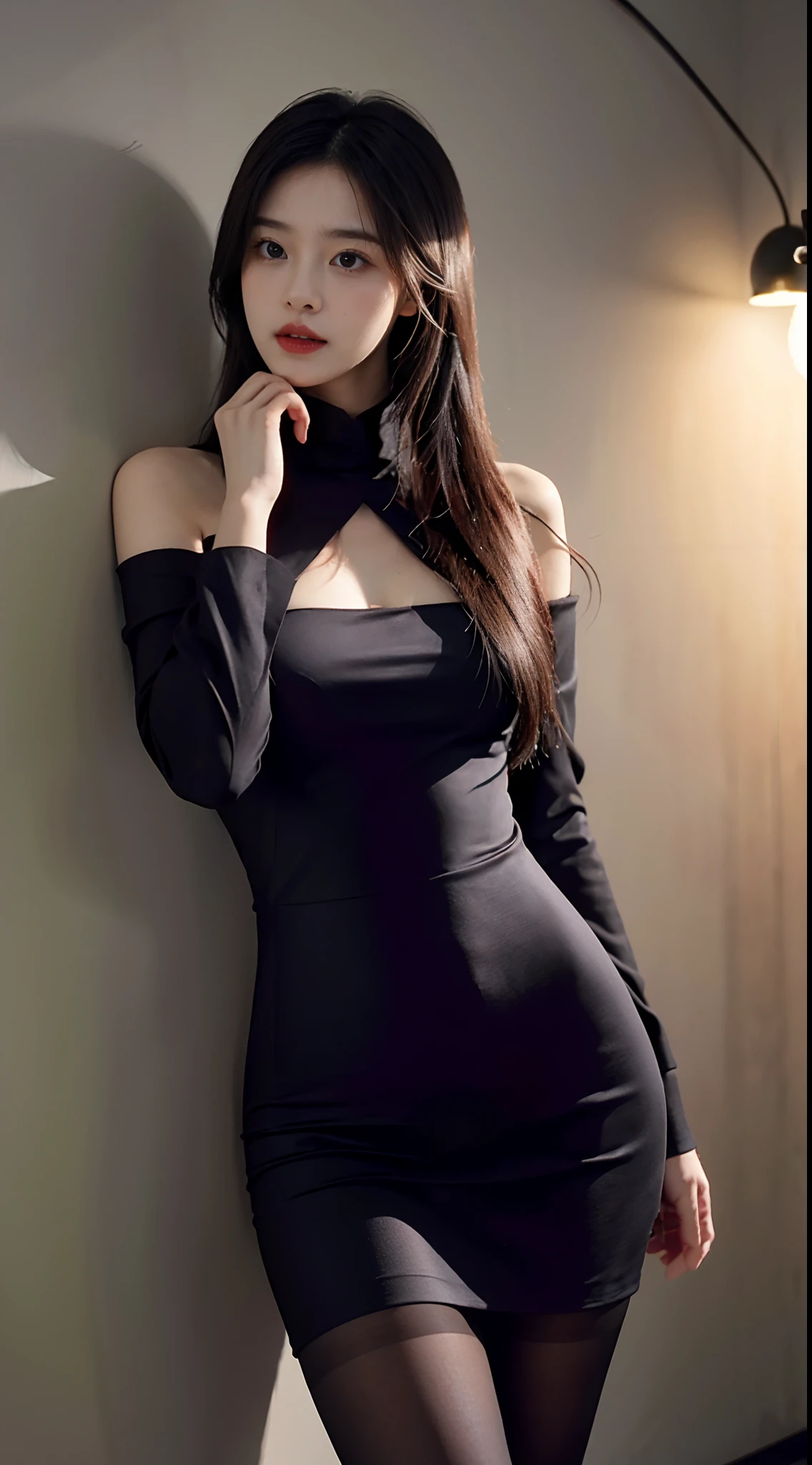 A perfect young female white-collar worker,Chinese big breasts,High picture quality,Works of masters,Black hair,Long hair shawl,Long hair flowing over the shoulders,cropped shoulders,鎖骨,exquisite face,Hydrated red lips,Small pure suit purple dress pleated top shirt hot girl short fungal dress,Hosiery,black lence stockings,Real Human,Interior wall background,CG rendering,16k,Stand up,Empty interior,Do not show your hands,with hands behind her back,Close-up shot