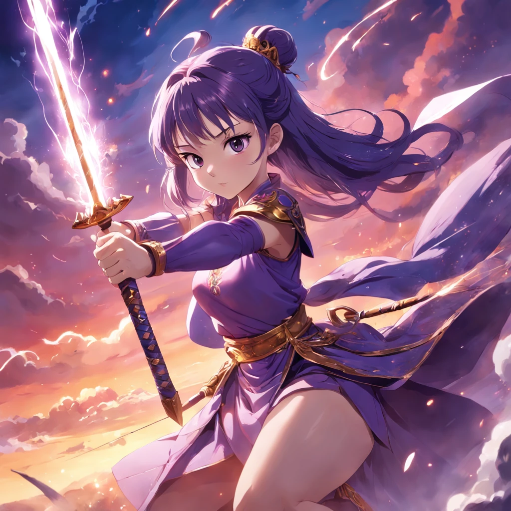 masterpiece, best quality, movie still, 1girl, cloud girl, floating in the sky, close-up, bright, happy, warm soft lighting, sunset, (sparks:0.7), A woman, in a purple dress holding a spear, sitting in a martial pose, with a background depicting a Three Kingdoms battle, portraying the image of a female warrior.