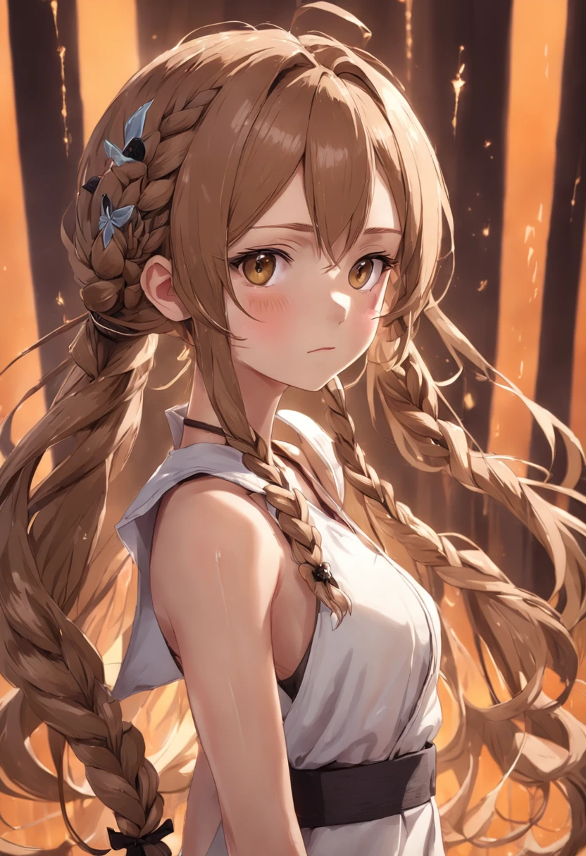streaked hair, light brown hair, low twin braids, hair ornament, hairpods, covered eyes, pensive, character chart, stats, UHD, masterpiece, ccurate, super detail, highres, 1080P, 8k, 16k, textured skin,a girl,full body